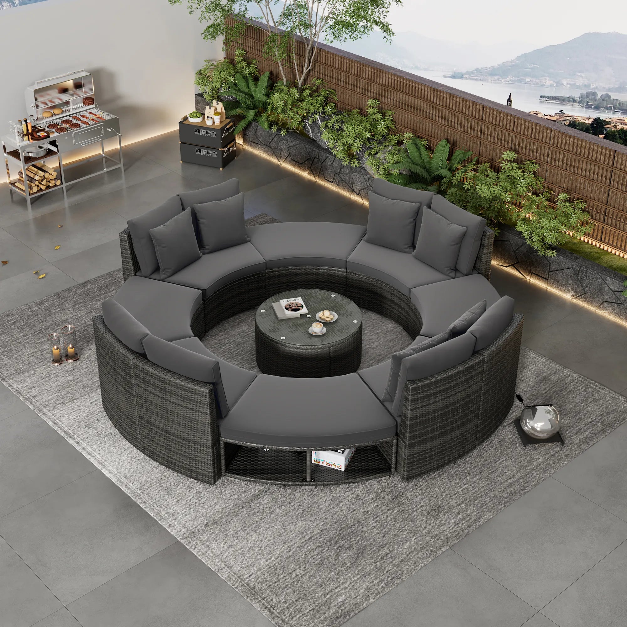 Luxury Circular Rattan Wicker Outdoor Patio Sectional Sofa Set with Coffee Table
