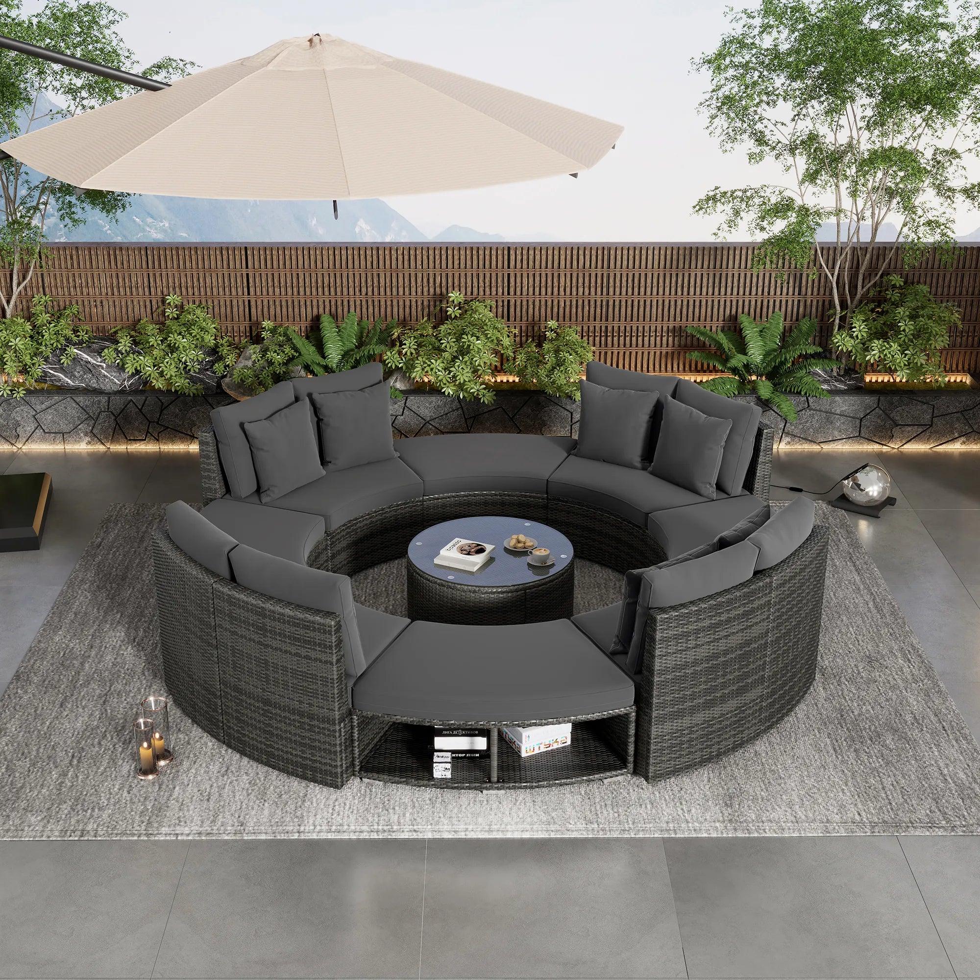 Luxury Circular Rattan Wicker Outdoor Patio Sectional Sofa Set with Coffee Table