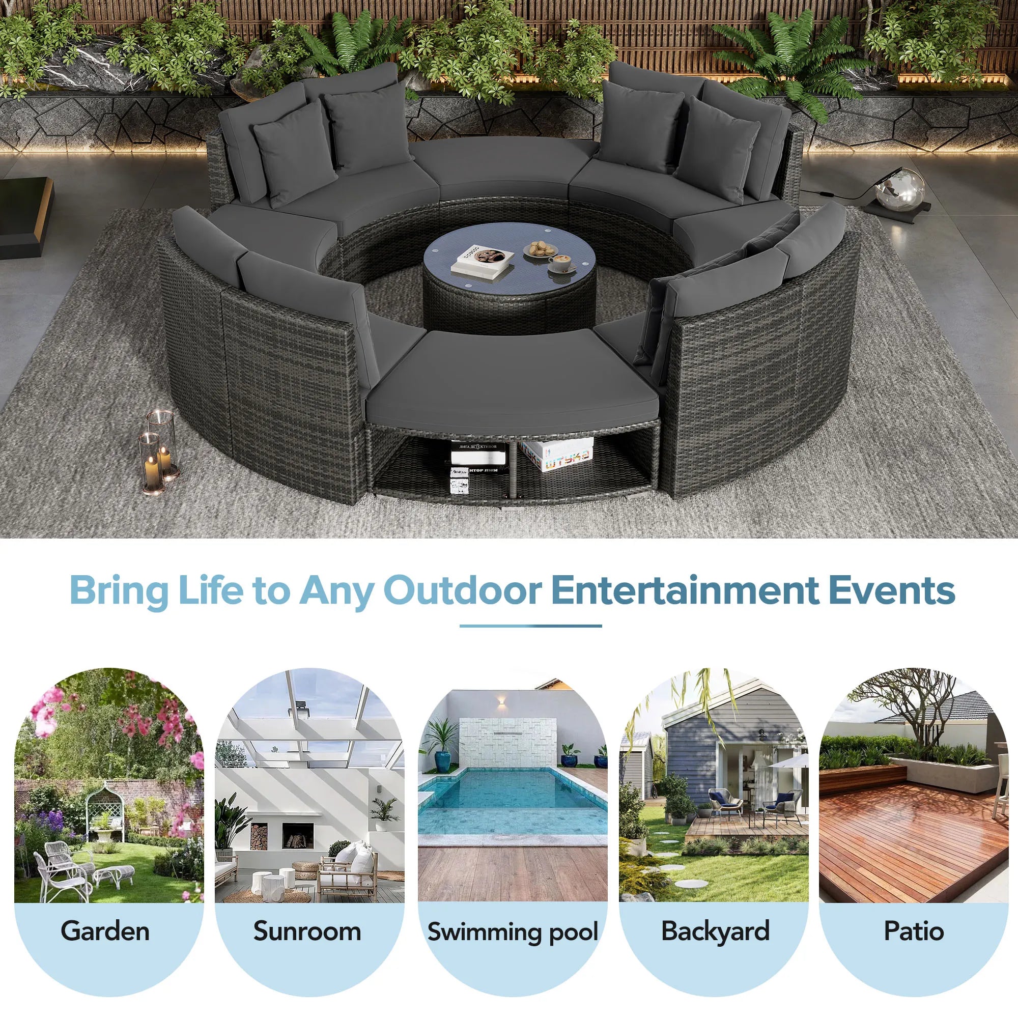 Luxury Circular Rattan Wicker Outdoor Patio Sectional Sofa Set with Coffee Table