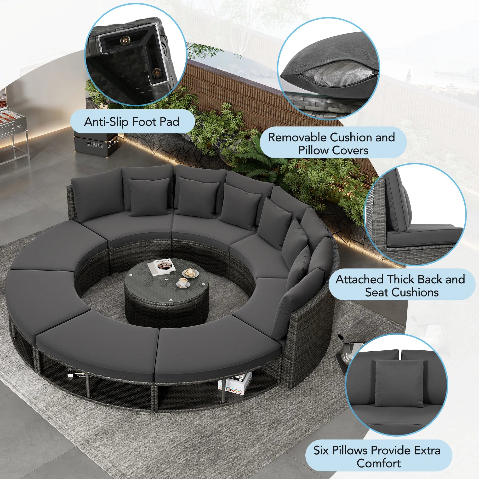 Luxury Circular Rattan Wicker Outdoor Patio Sectional Sofa Set with Coffee Table