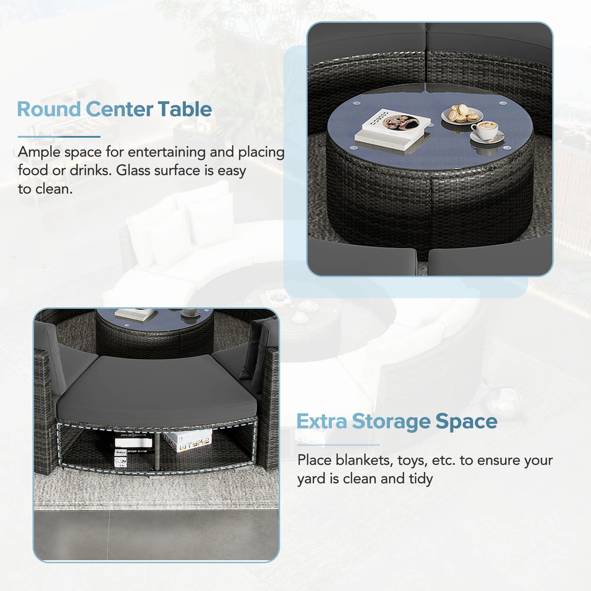 Luxury Circular Rattan Wicker Outdoor Patio Sectional Sofa Set with Coffee Table