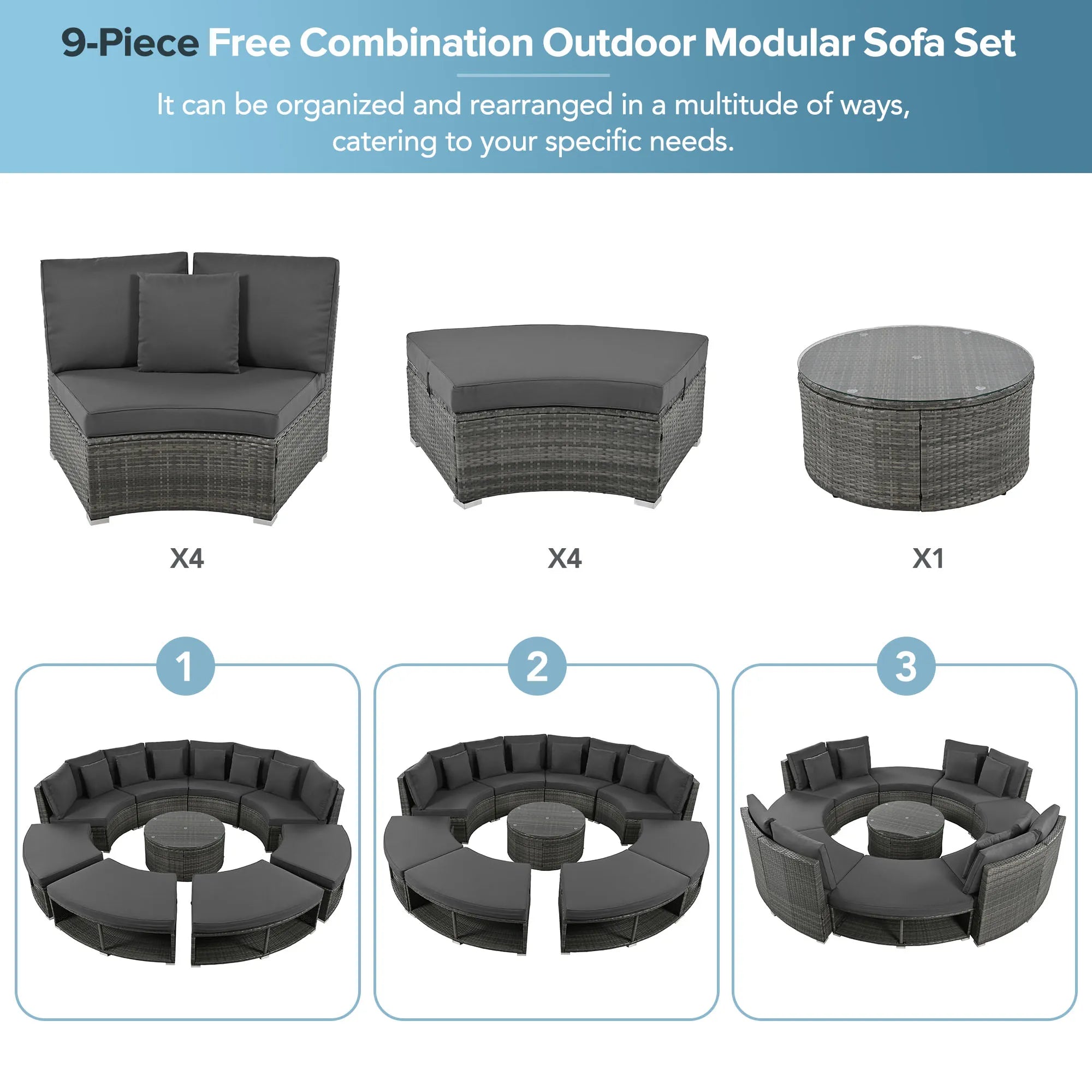 Luxury Circular Rattan Wicker Outdoor Patio Sectional Sofa Set with Coffee Table