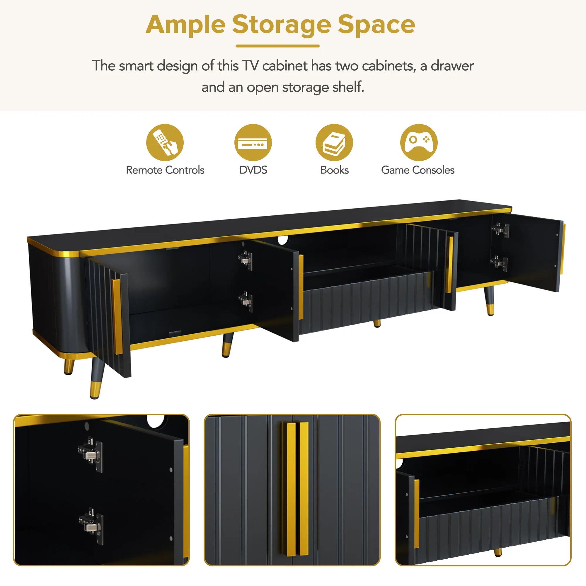 Luxury Minimalism Modern TV Stand Media Console with Open Storage Shelf