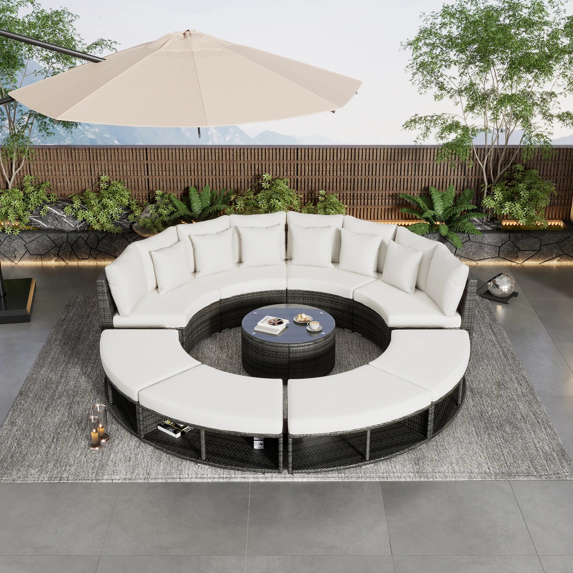 Luxury Circular Rattan Wicker Outdoor Patio Sectional Sofa Set with Coffee Table