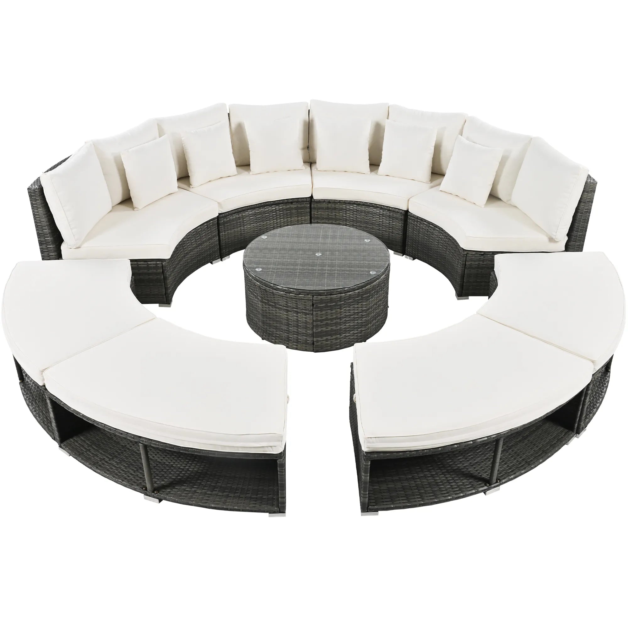 Luxury Circular Rattan Wicker Outdoor Patio Sectional Sofa Set with Coffee Table