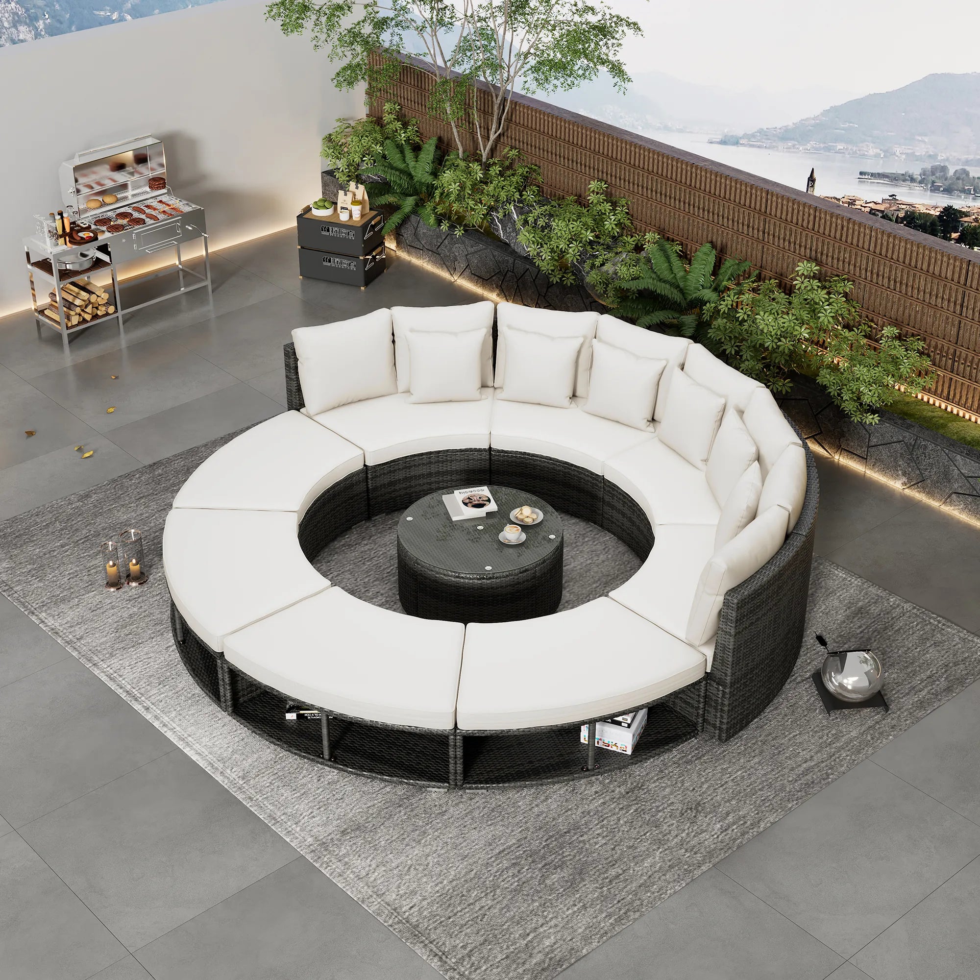 Luxury Circular Rattan Wicker Outdoor Patio Sectional Sofa Set with Coffee Table