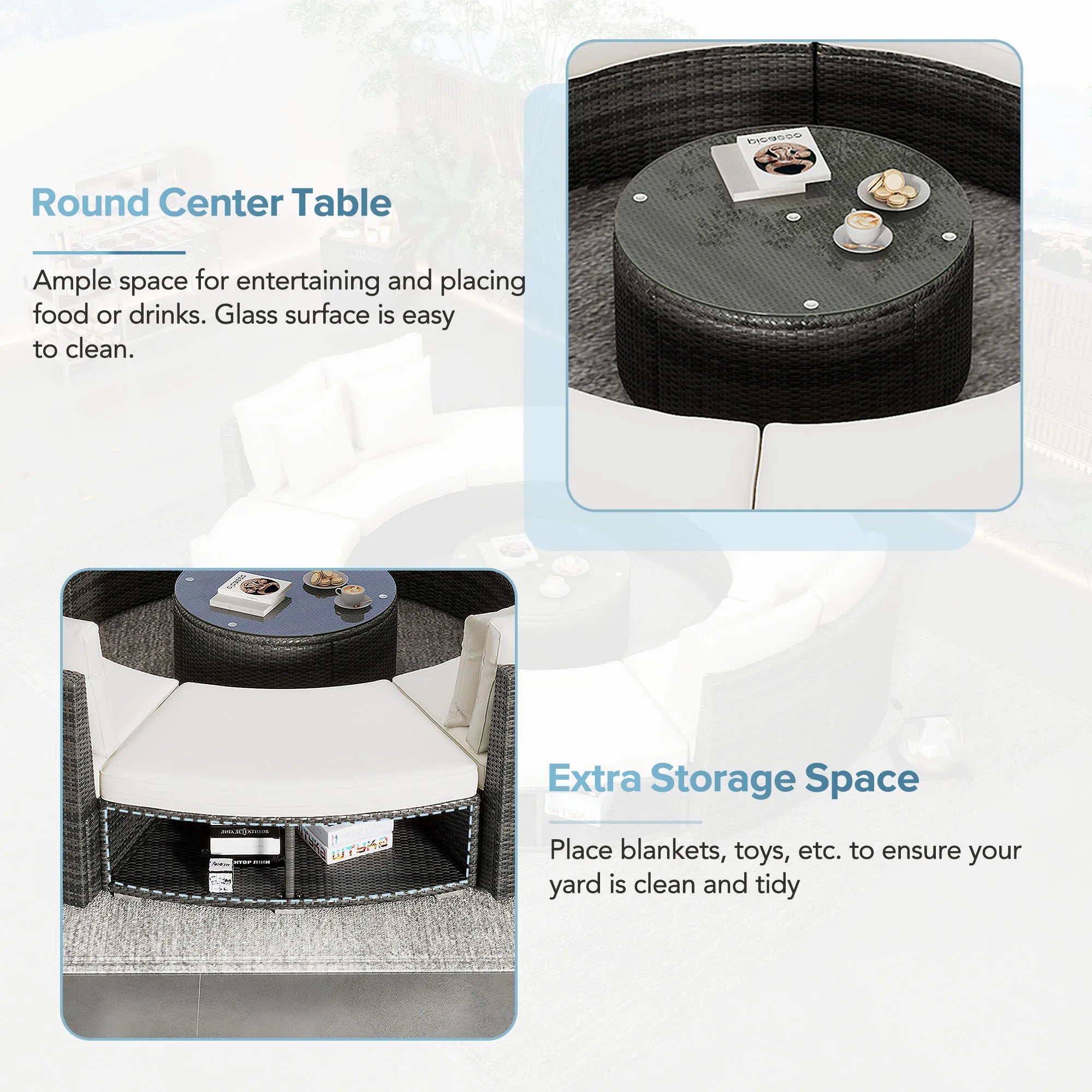 Luxury Circular Rattan Wicker Outdoor Patio Sectional Sofa Set with Coffee Table