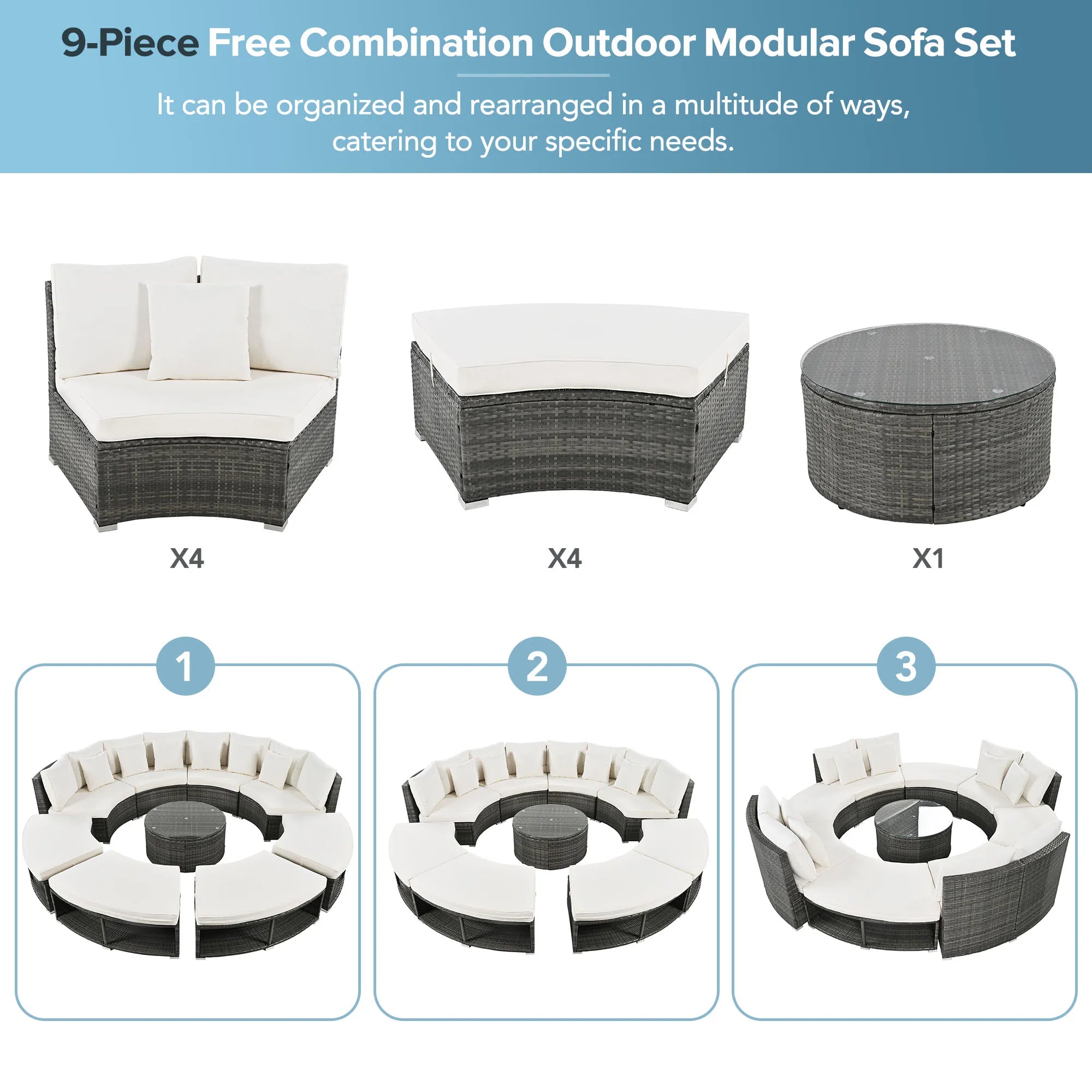 Luxury Circular Rattan Wicker Outdoor Patio Sectional Sofa Set with Coffee Table
