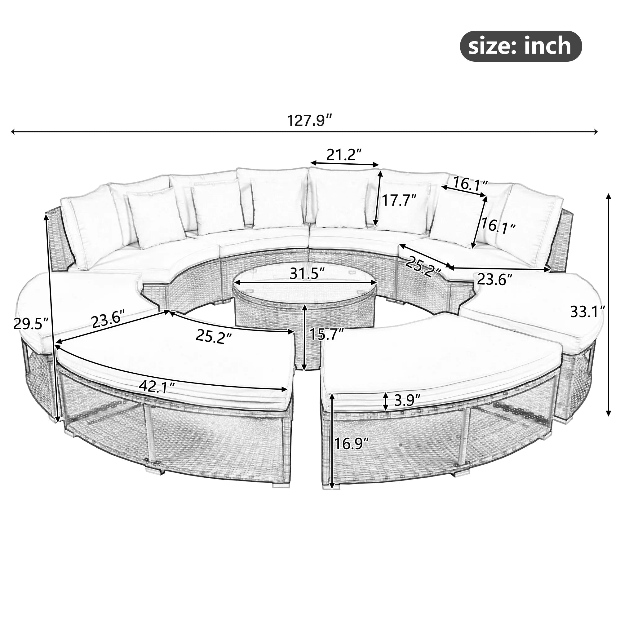 Luxury Circular Rattan Wicker Outdoor Patio Sectional Sofa Set with Coffee Table