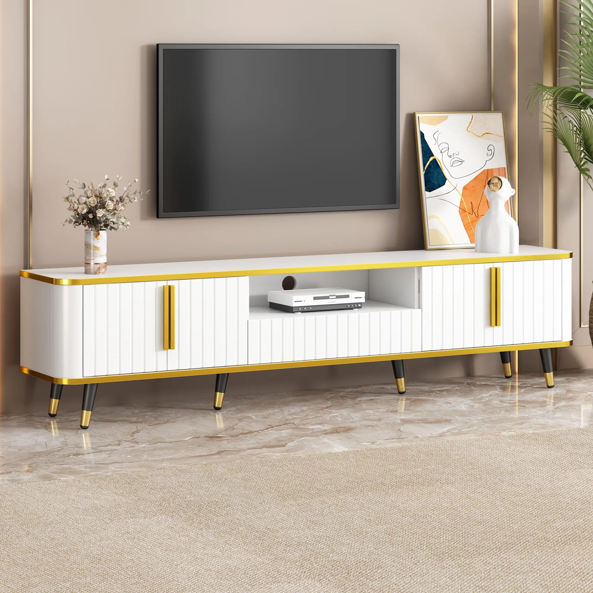 Luxury Minimalism Modern TV Stand Media Console with Open Storage Shelf