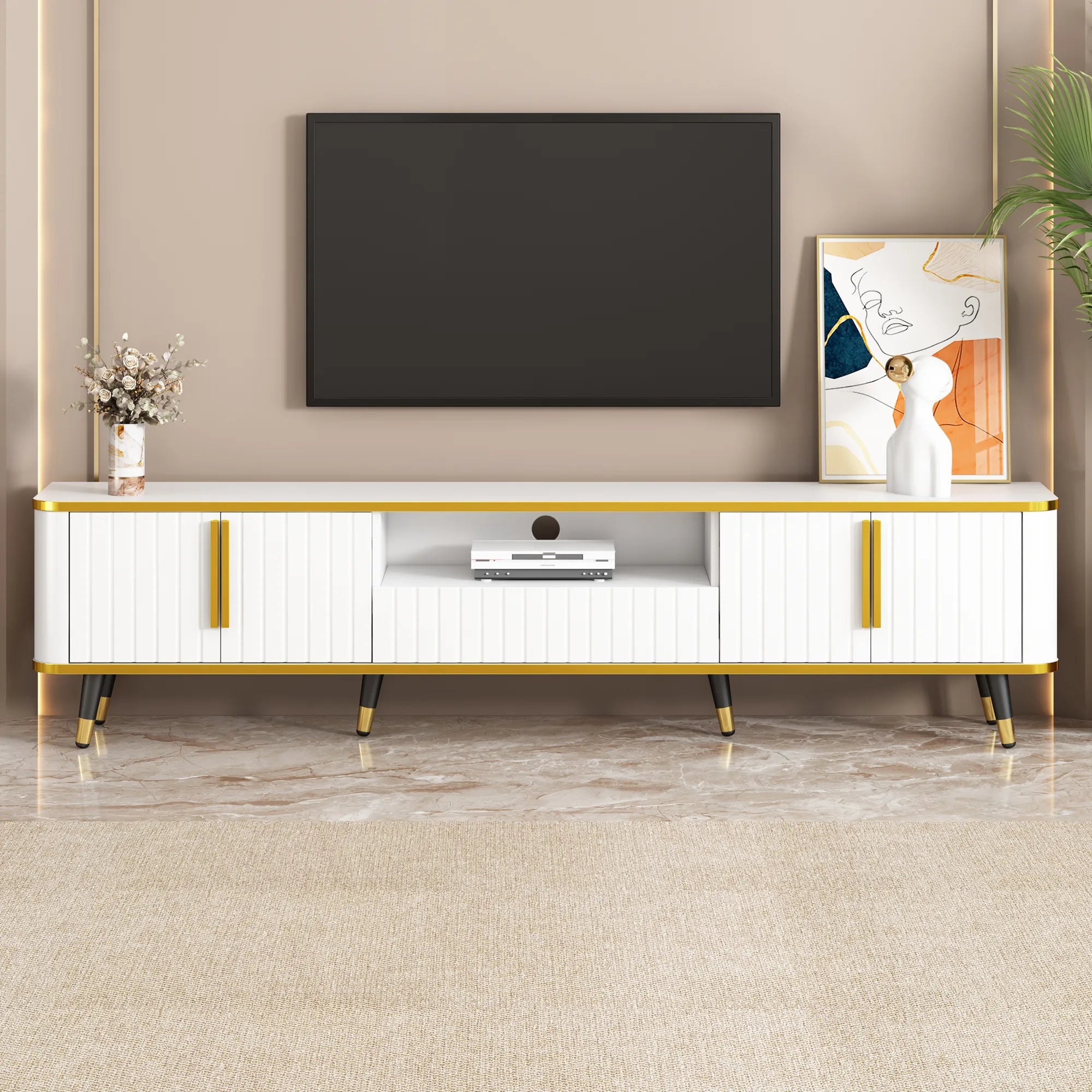 Luxury Minimalism Modern TV Stand Media Console with Open Storage Shelf