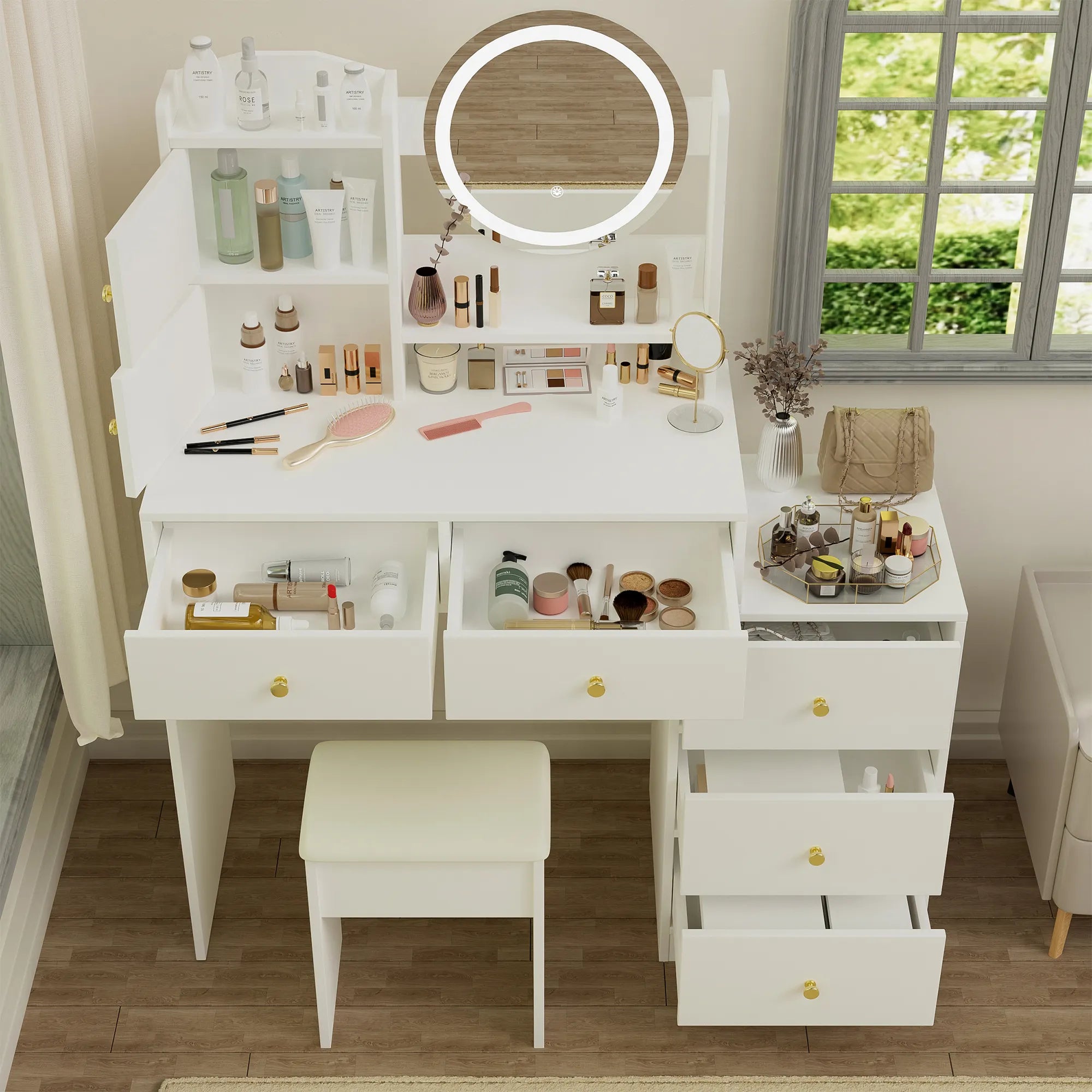 Makeup Vanity Set with Mirror & Stool