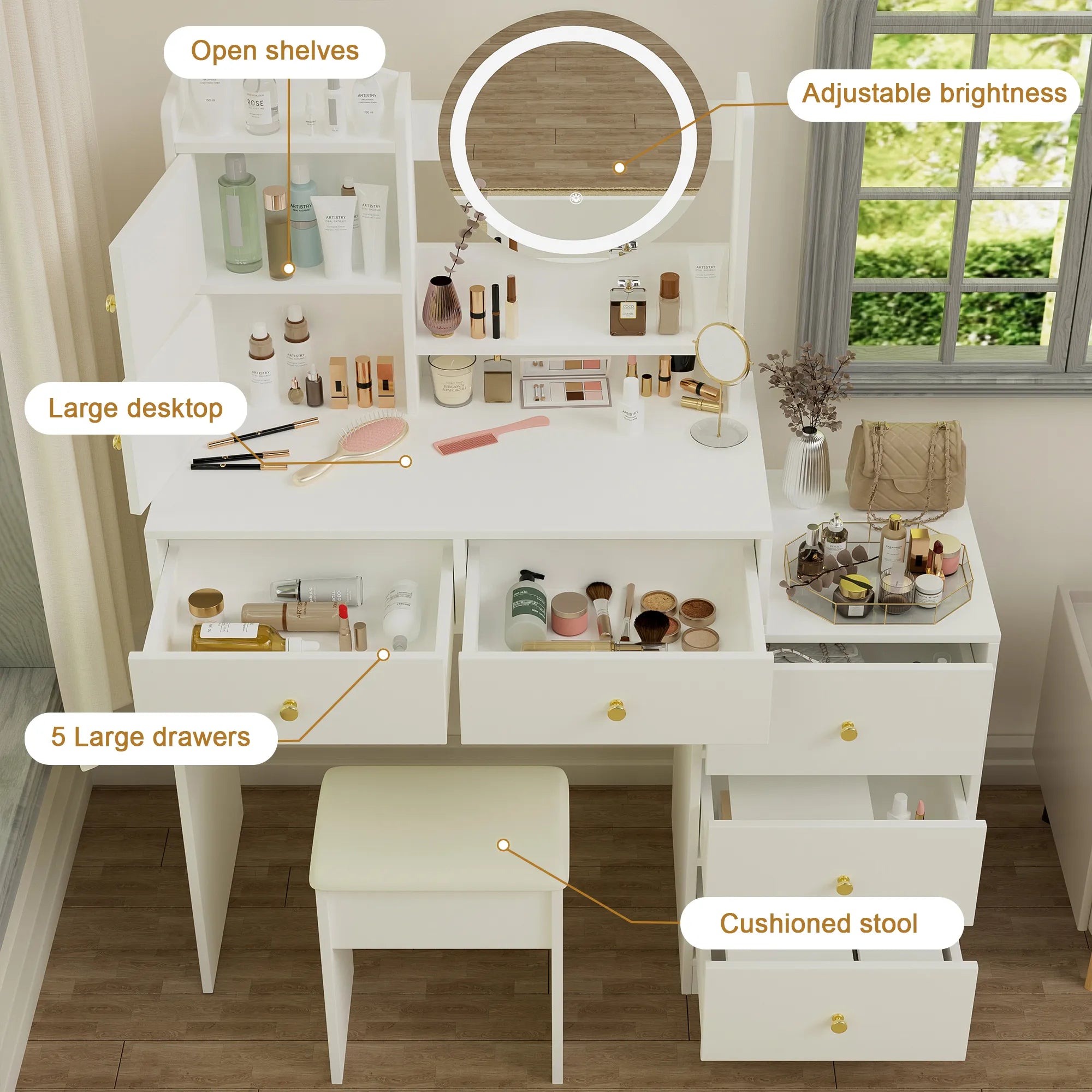 Makeup Vanity Set with Mirror & Stool