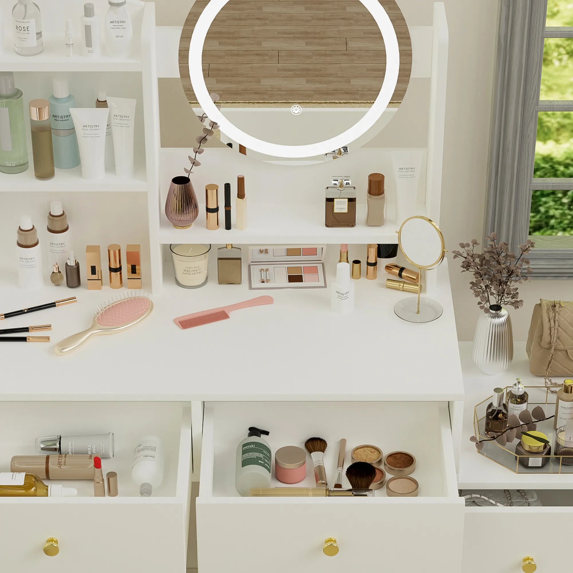 Makeup Vanity Set with Mirror & Stool