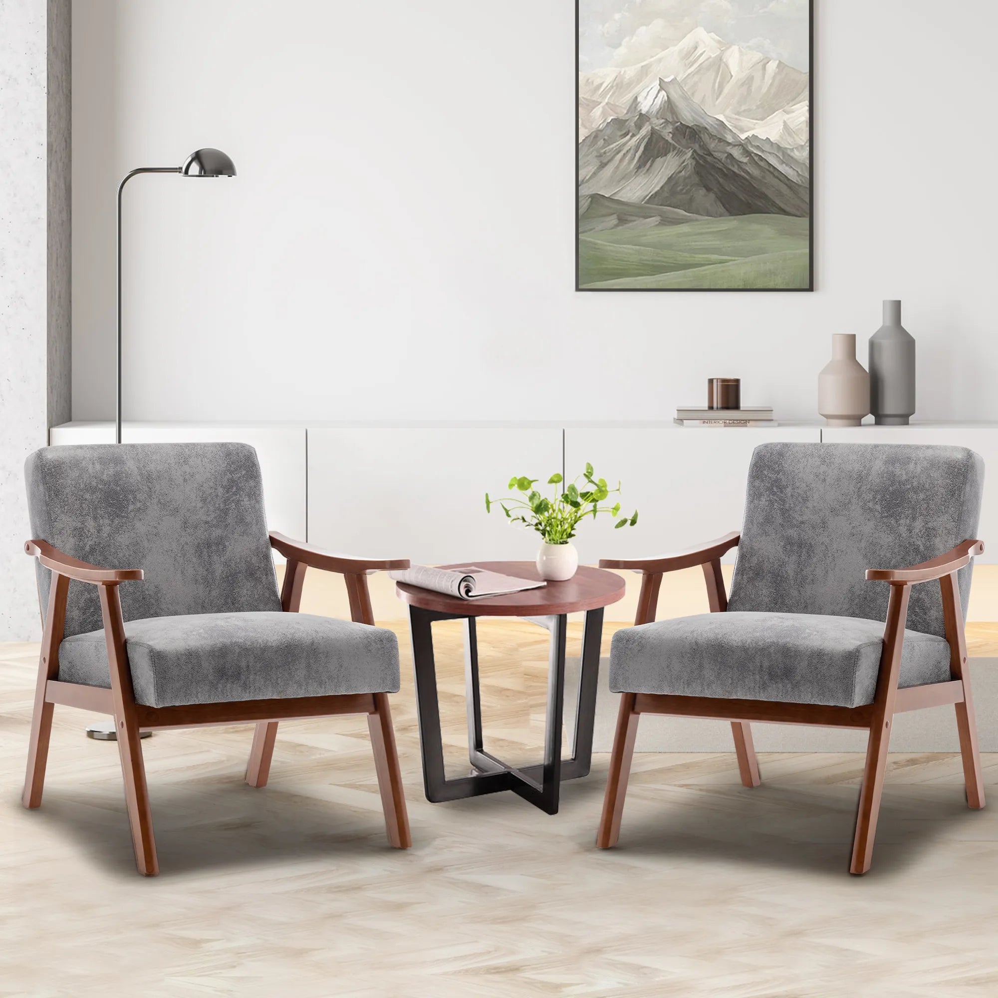 Mid-Century Modern Accent Chair, Fabric Armchair with Solid Wood Frame