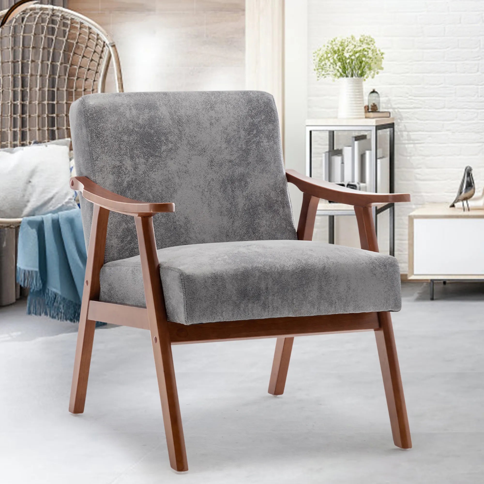 Mid-Century Modern Accent Chair, Fabric Armchair with Solid Wood Frame