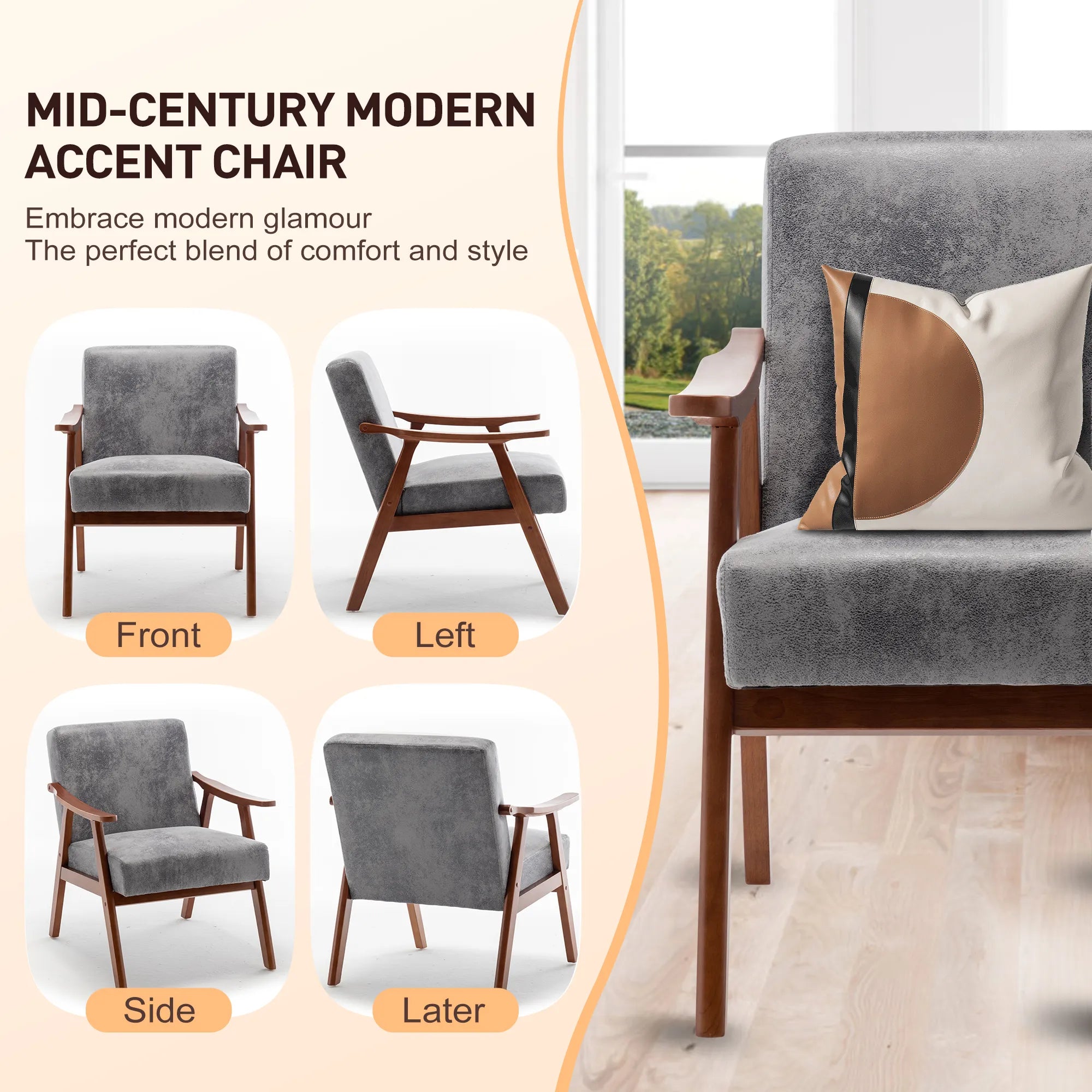 Mid-Century Modern Accent Chair, Fabric Armchair with Solid Wood Frame