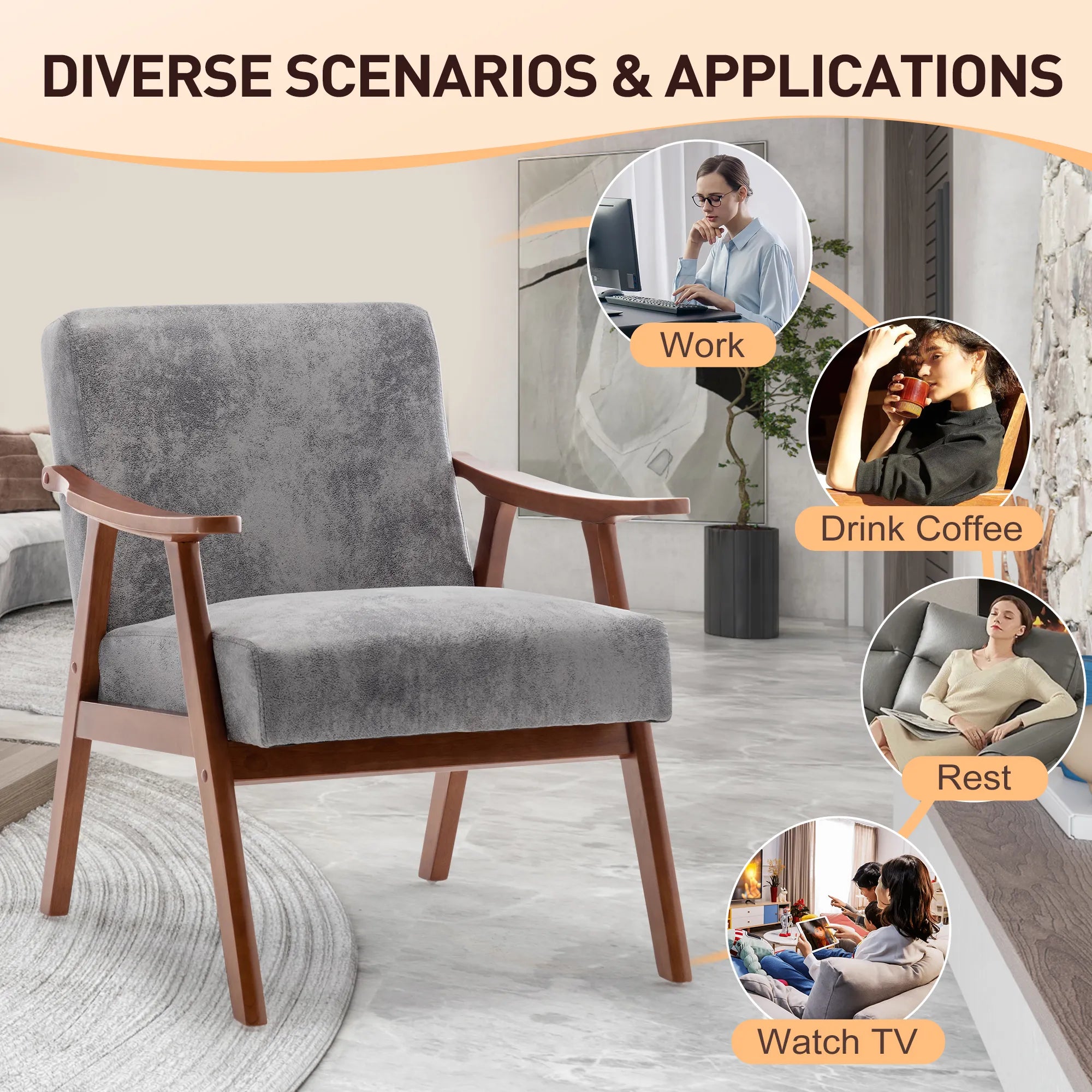 Mid-Century Modern Accent Chair, Fabric Armchair with Solid Wood Frame