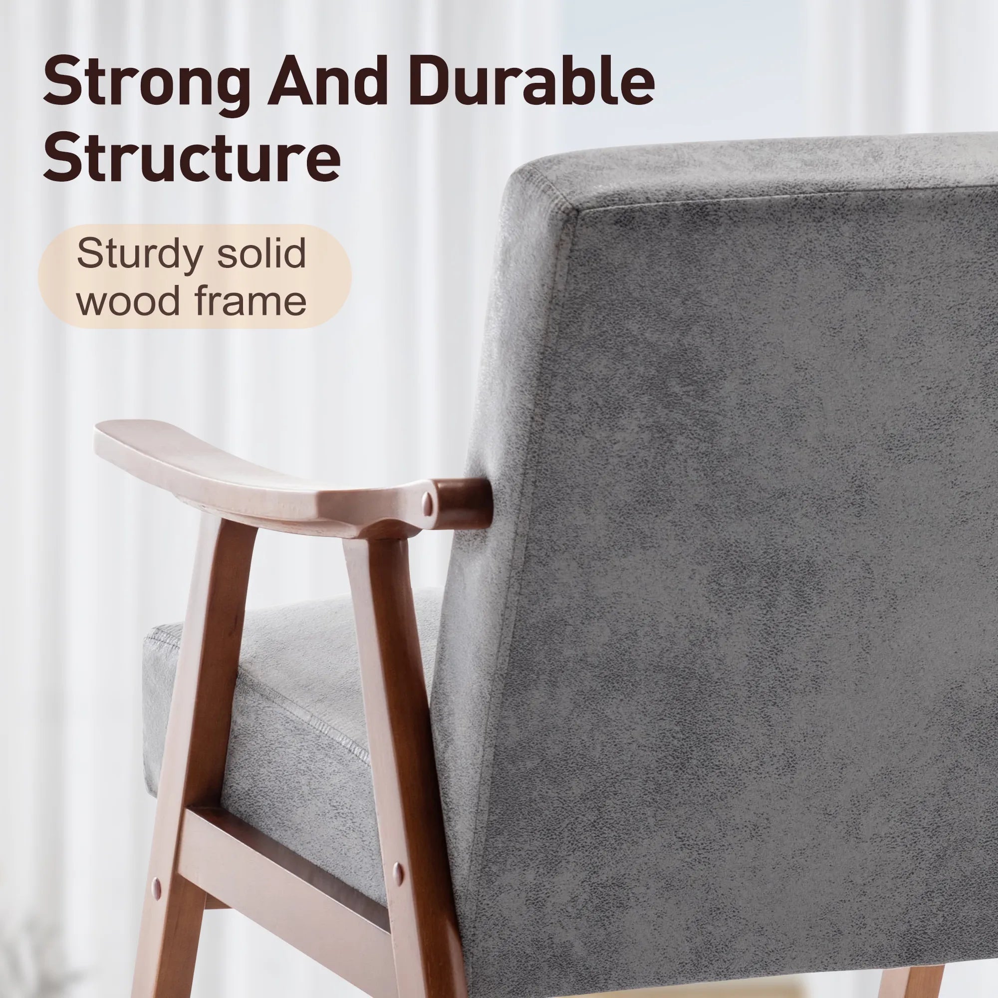 Mid-Century Modern Accent Chair, Fabric Armchair with Solid Wood Frame