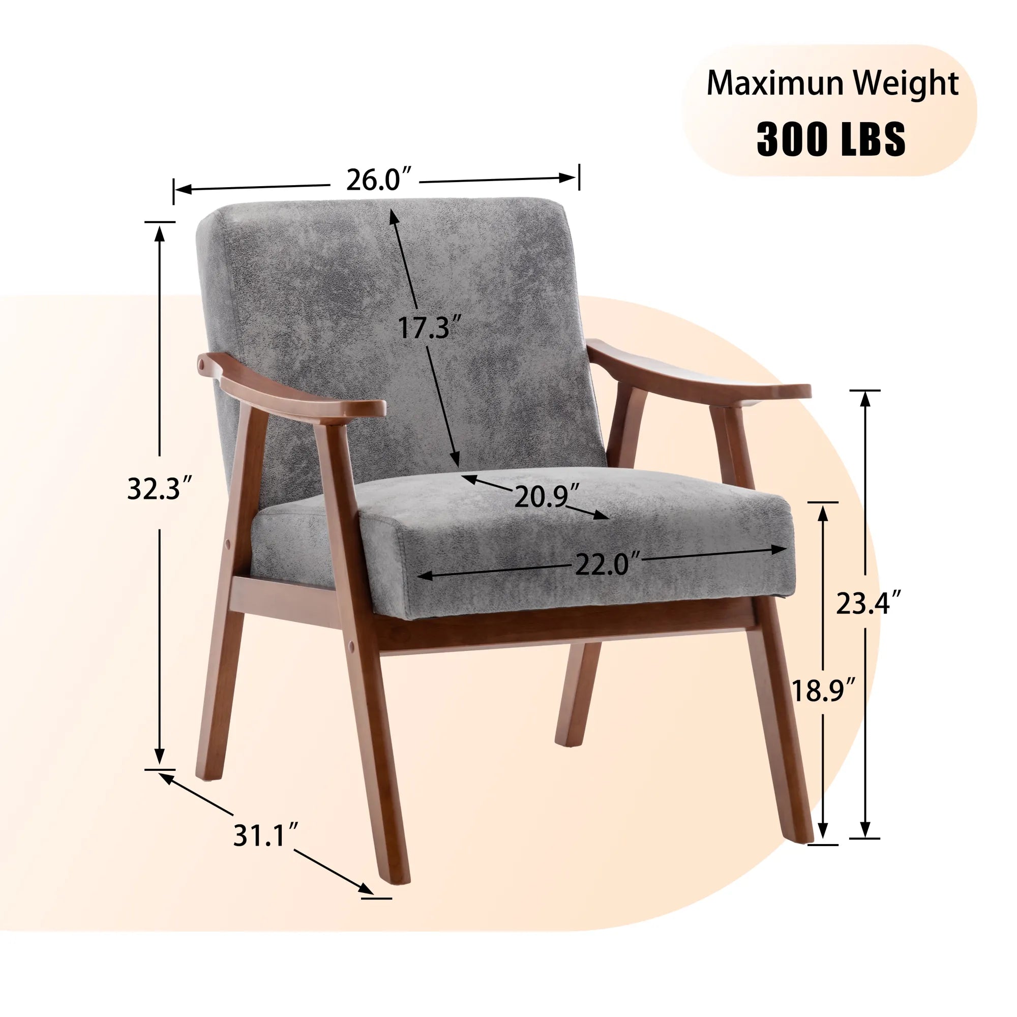 Mid-Century Modern Accent Chair, Fabric Armchair with Solid Wood Frame