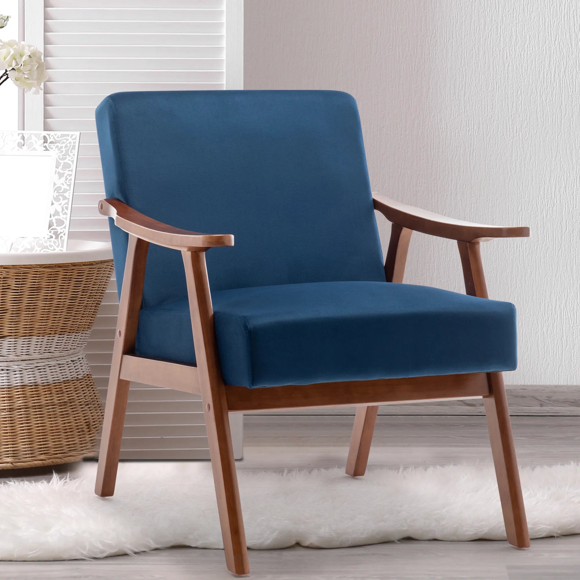 Mid-Century Modern Accent Chair, Velvet Armchair with Solid Wood Frame and Extra-Thick Backrest
