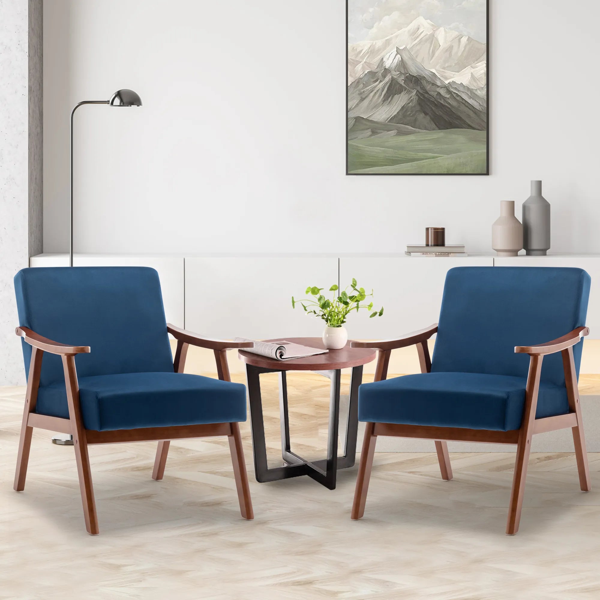Mid-Century Modern Accent Chair, Velvet Armchair with Solid Wood Frame and Extra-Thick Backrest