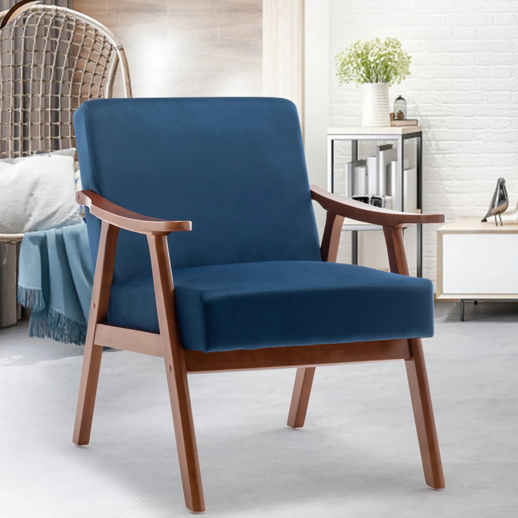 Mid-Century Modern Accent Chair, Velvet Armchair with Solid Wood Frame and Extra-Thick Backrest