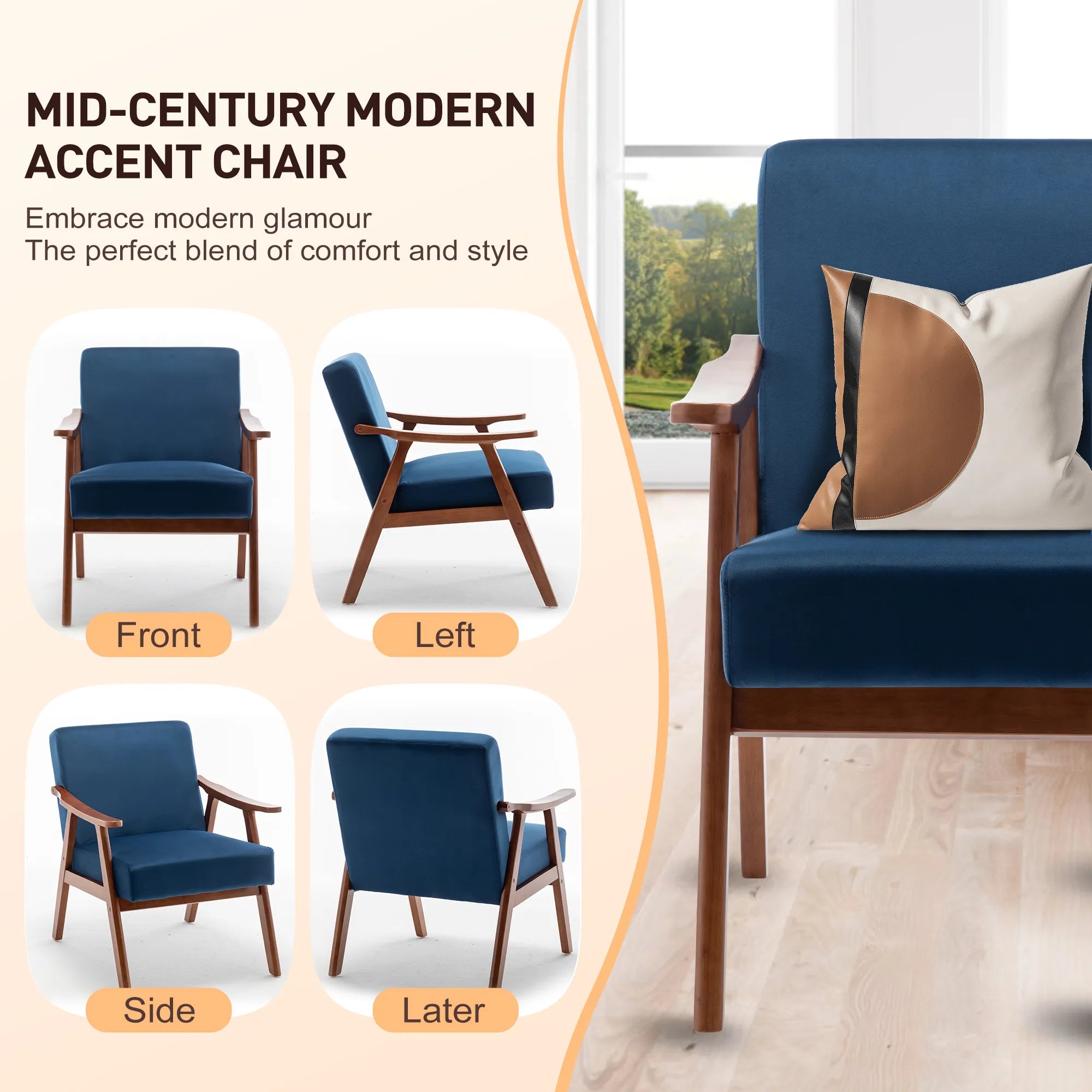 Mid-Century Modern Accent Chair, Velvet Armchair with Solid Wood Frame and Extra-Thick Backrest