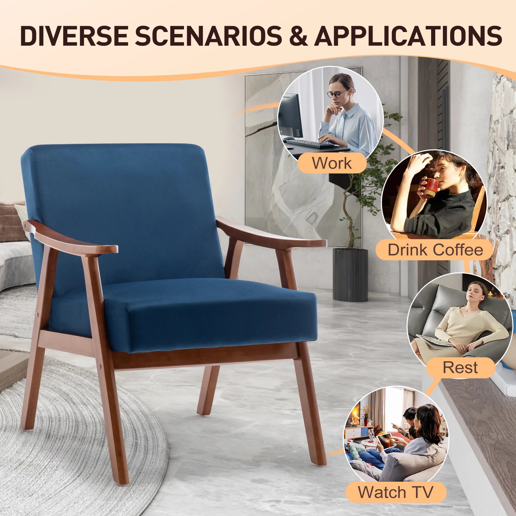 Mid-Century Modern Accent Chair, Velvet Armchair with Solid Wood Frame and Extra-Thick Backrest