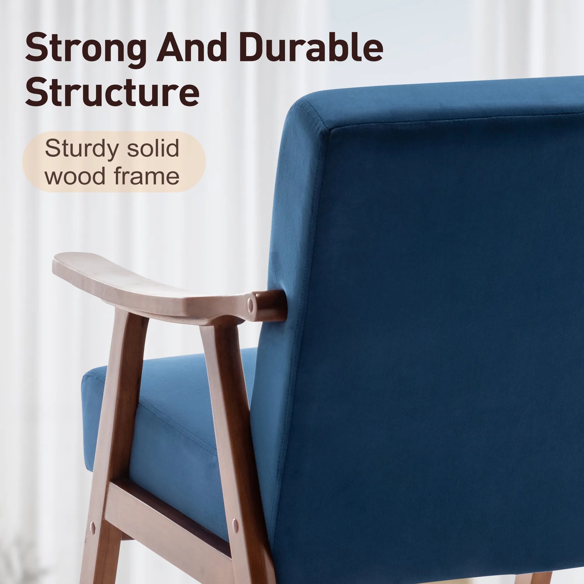 Mid-Century Modern Accent Chair, Velvet Armchair with Solid Wood Frame and Extra-Thick Backrest