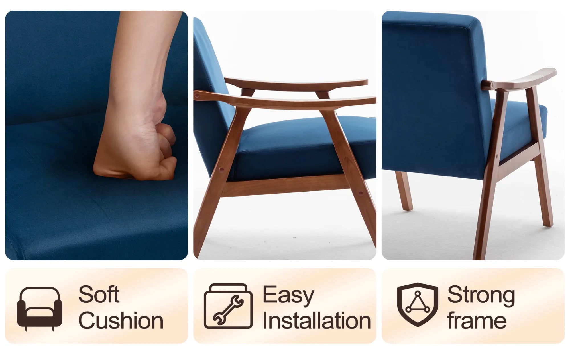 Mid-Century Modern Accent Chair, Velvet Armchair with Solid Wood Frame and Extra-Thick Backrest