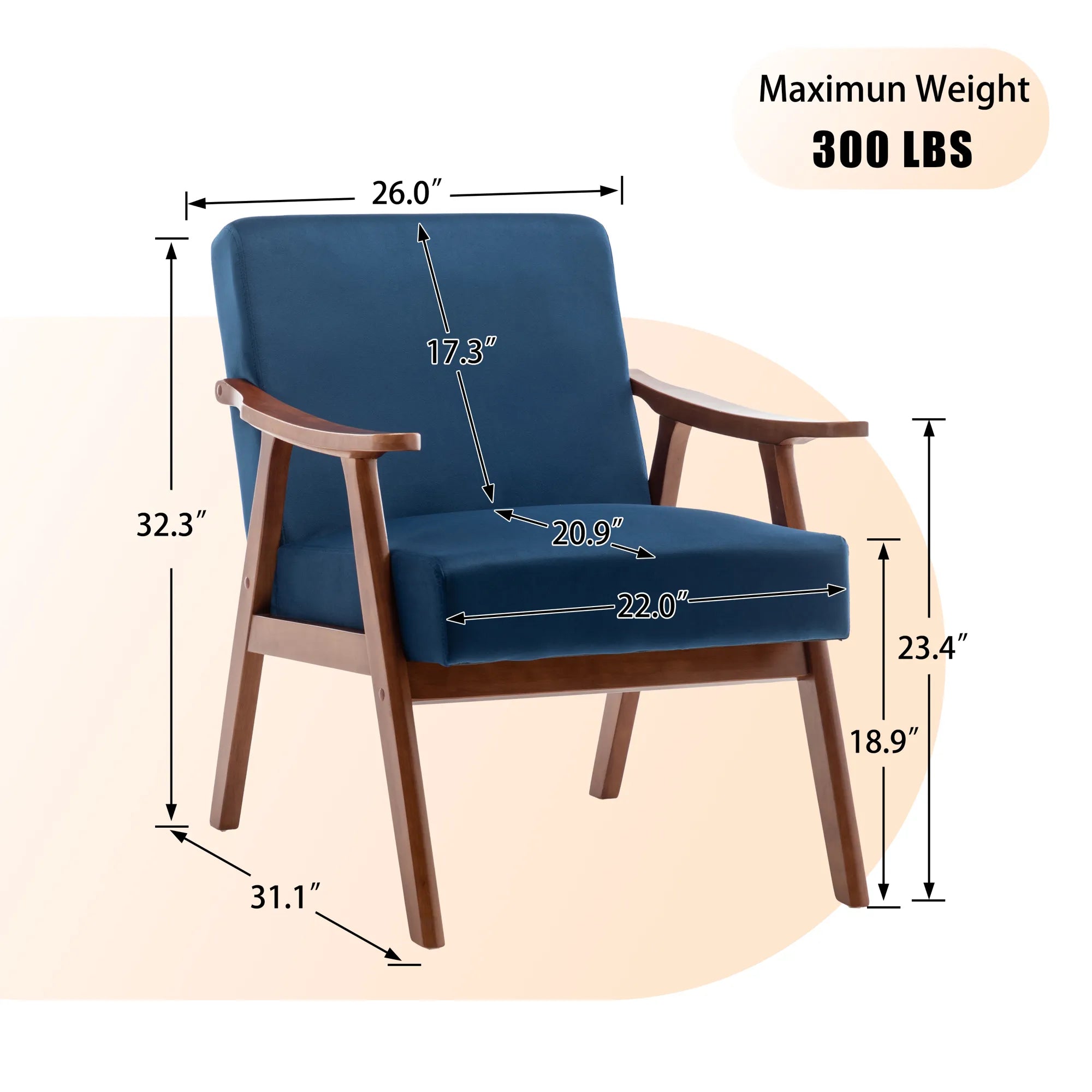 Mid-Century Modern Accent Chair, Velvet Armchair with Solid Wood Frame and Extra-Thick Backrest