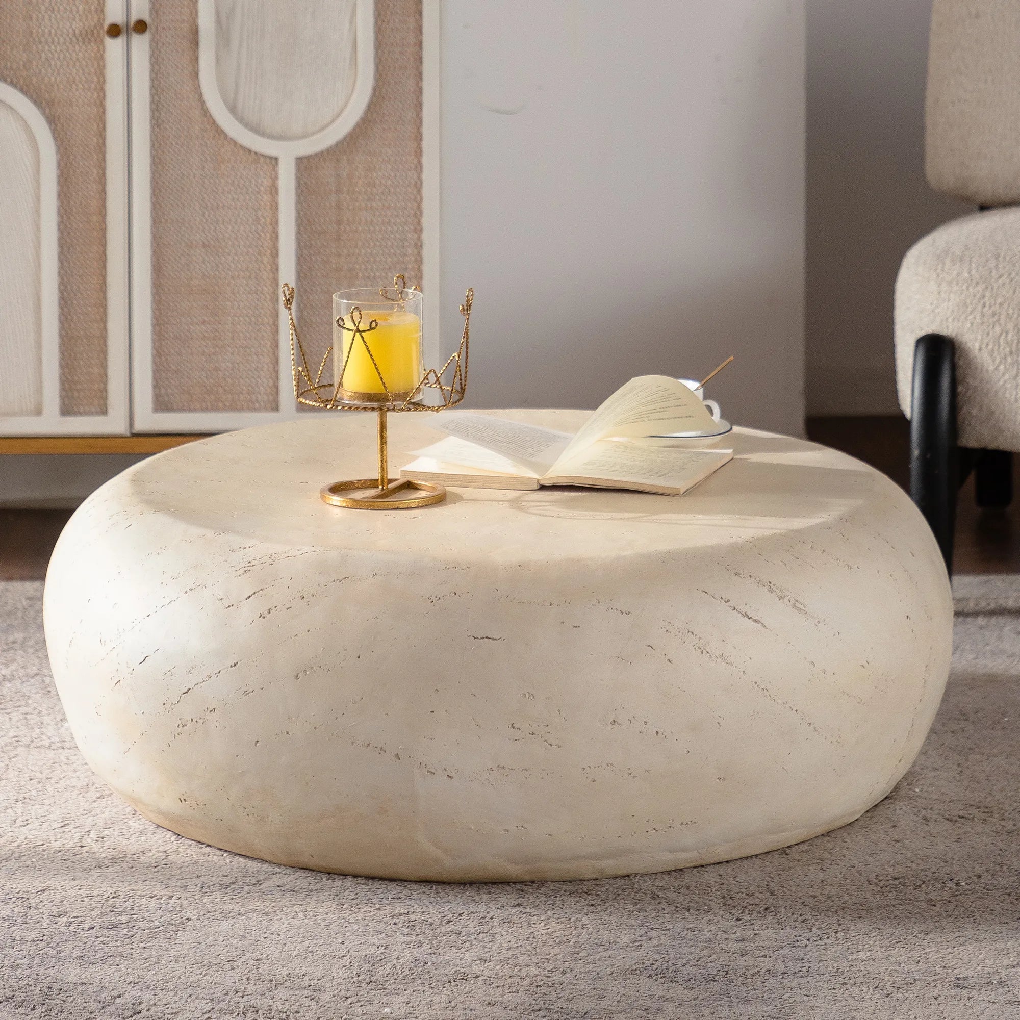 Mid-Century Modern Round Faux Stone Coffee Table