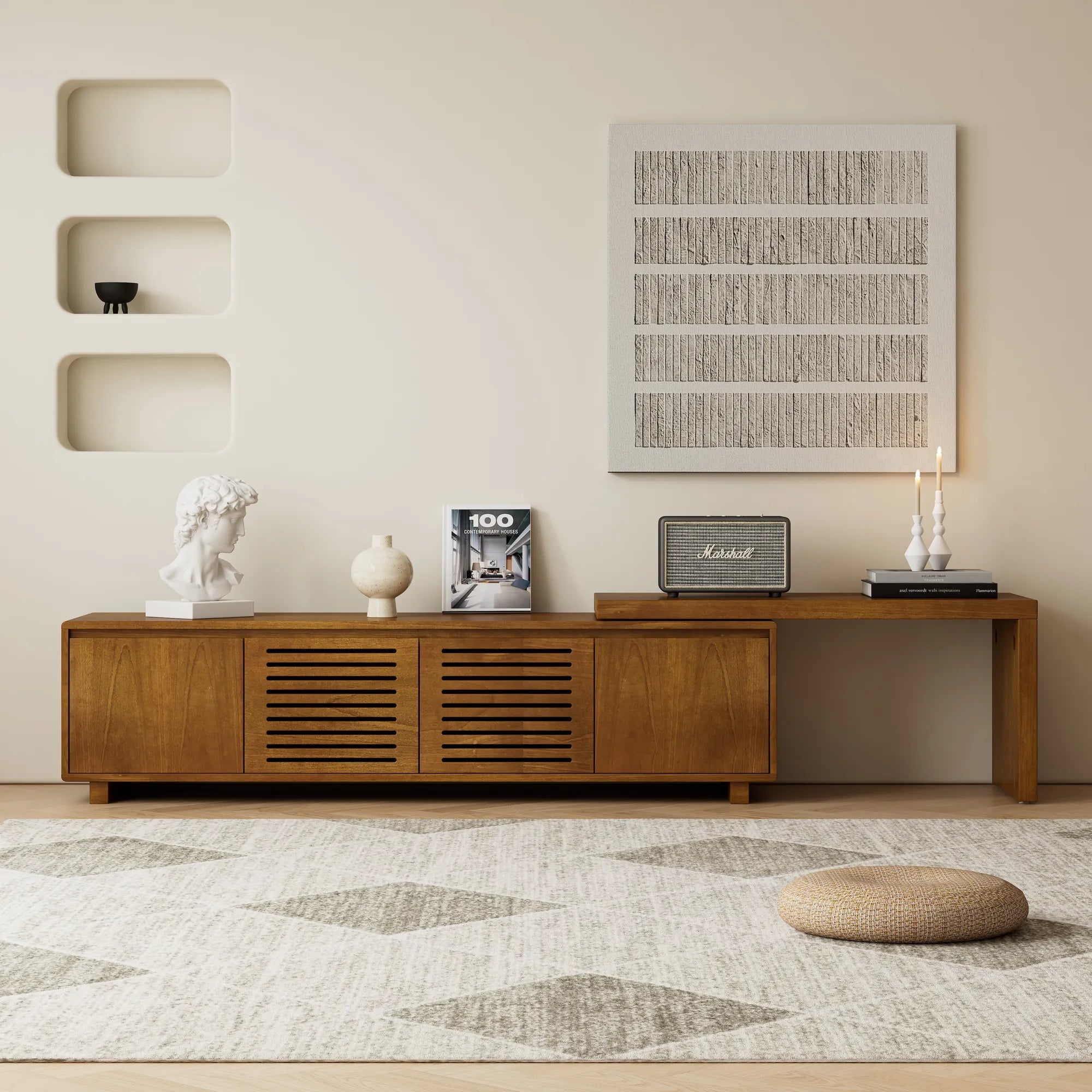 Mid-Century Modern TV Stand with Storage & Adjustable Panel