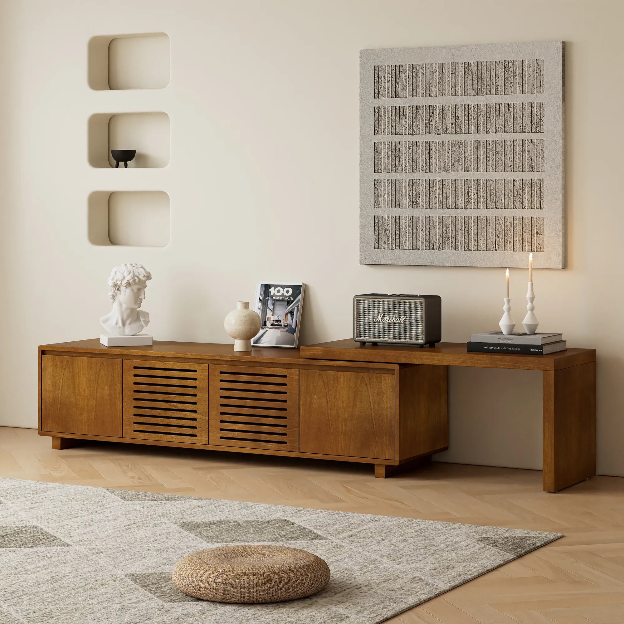 Mid-Century Modern TV Stand with Storage & Adjustable Panel