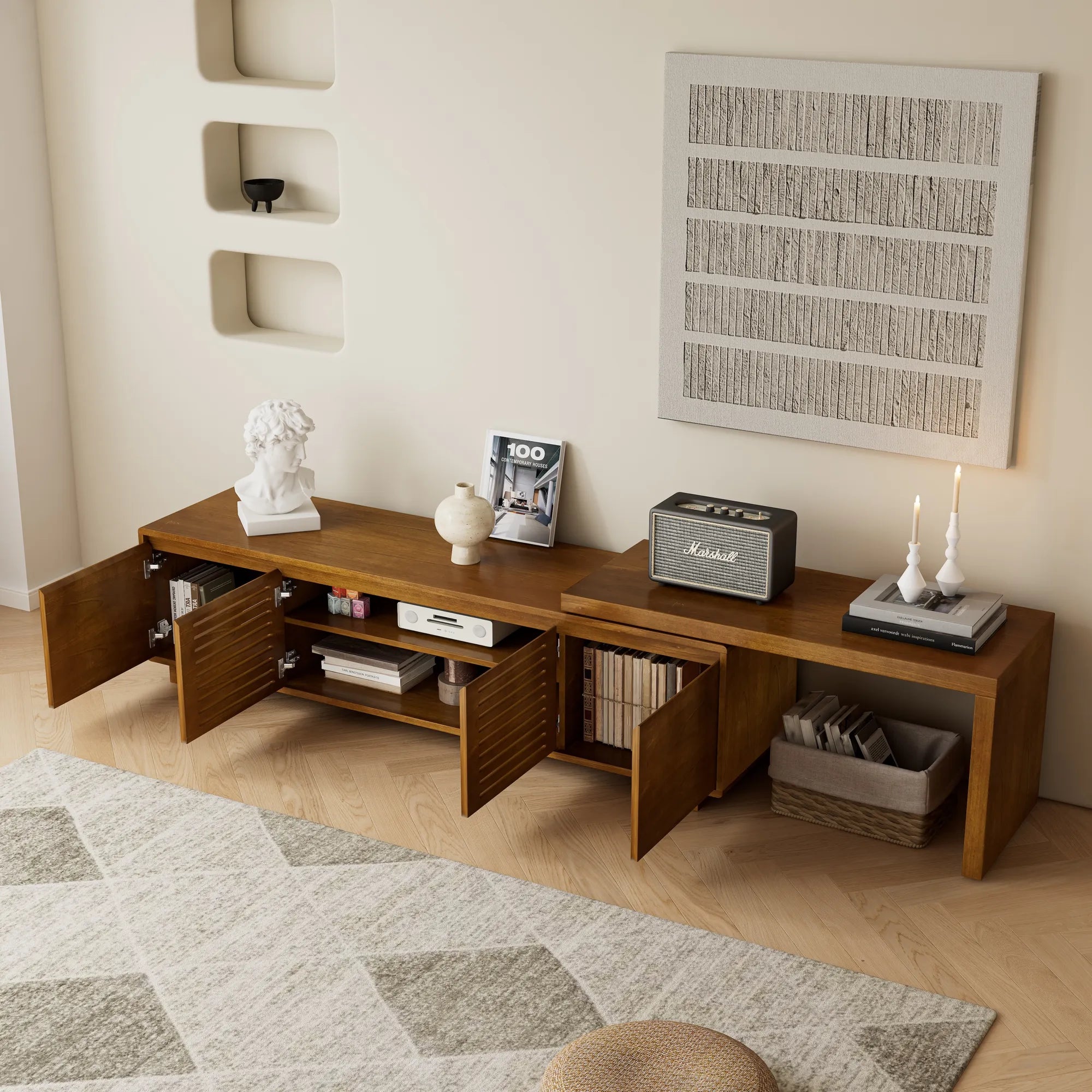 Mid-Century Modern TV Stand with Storage & Adjustable Panel