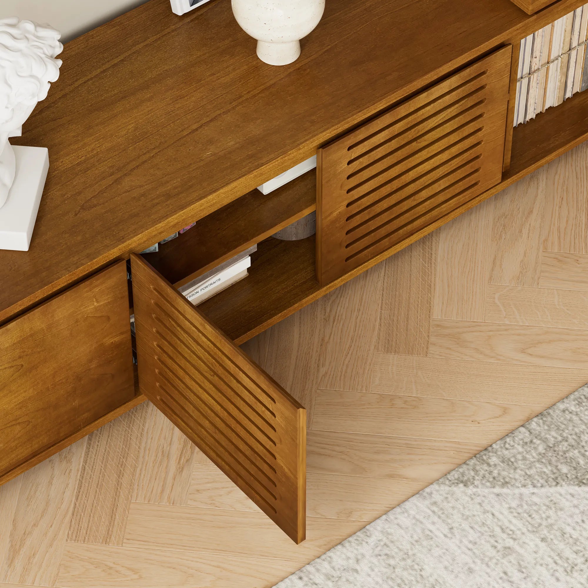 Mid-Century Modern TV Stand with Storage & Adjustable Panel