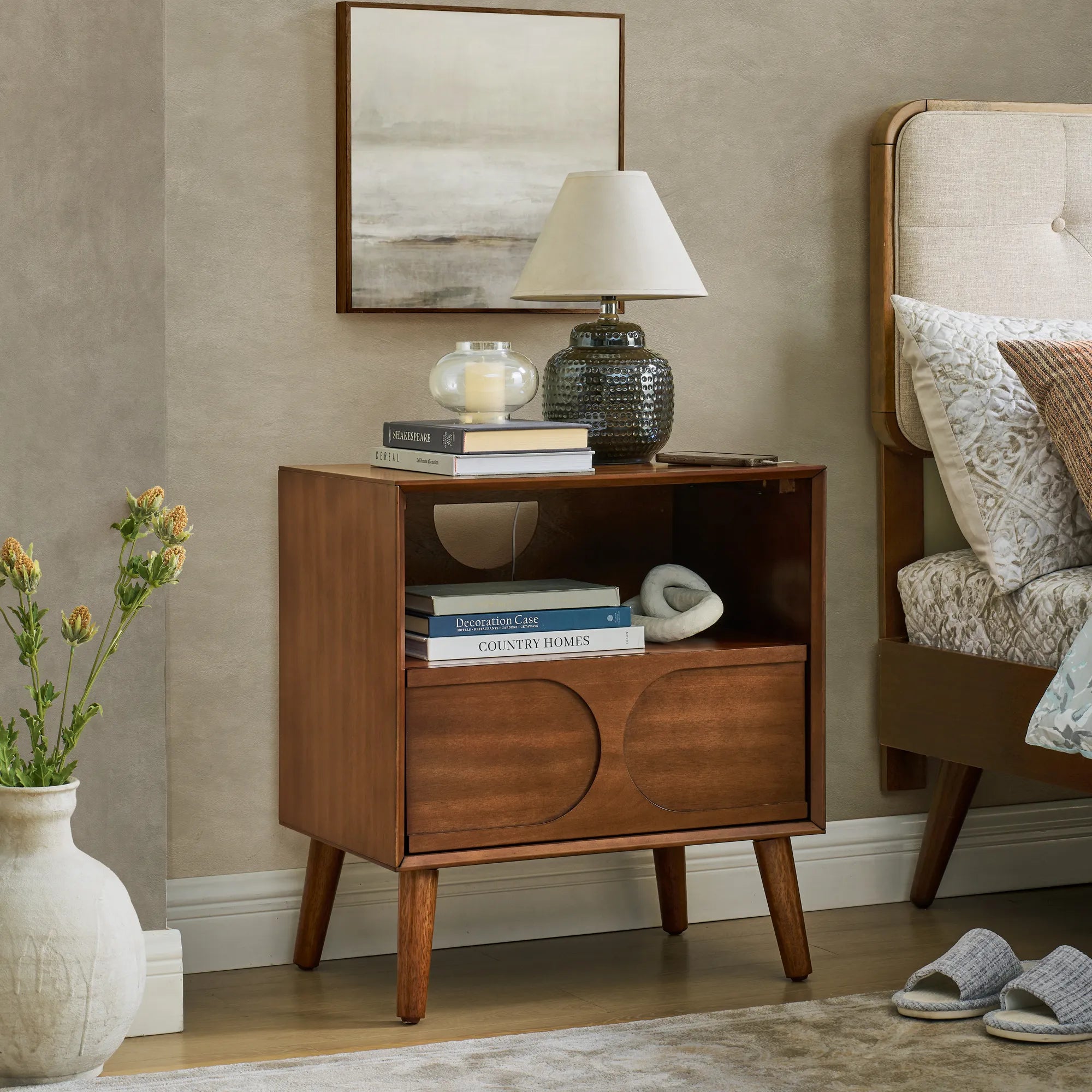 Mid-Century Modern Walnut Nightstand with Charging Station