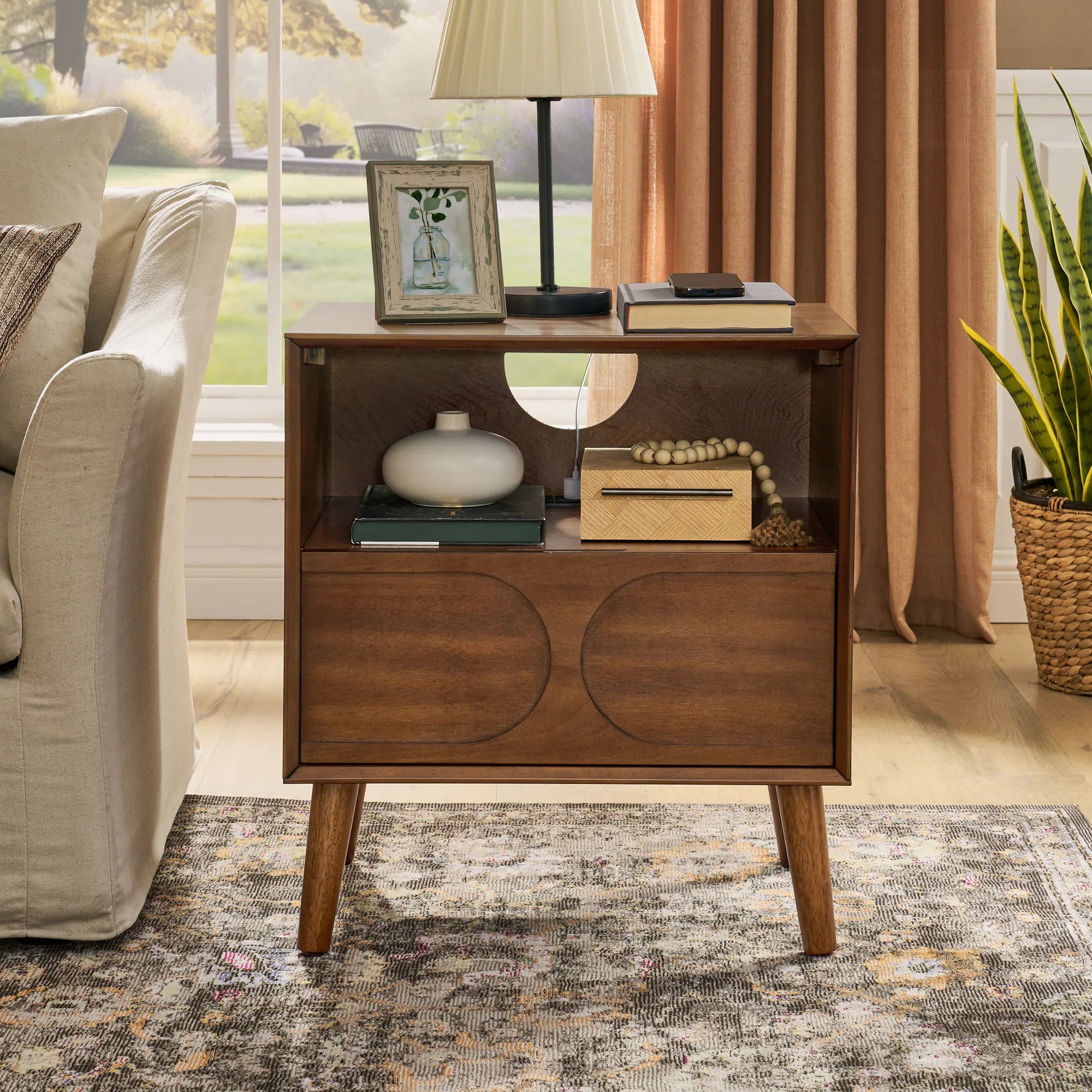 Mid-Century Modern Walnut Nightstand with Charging Station