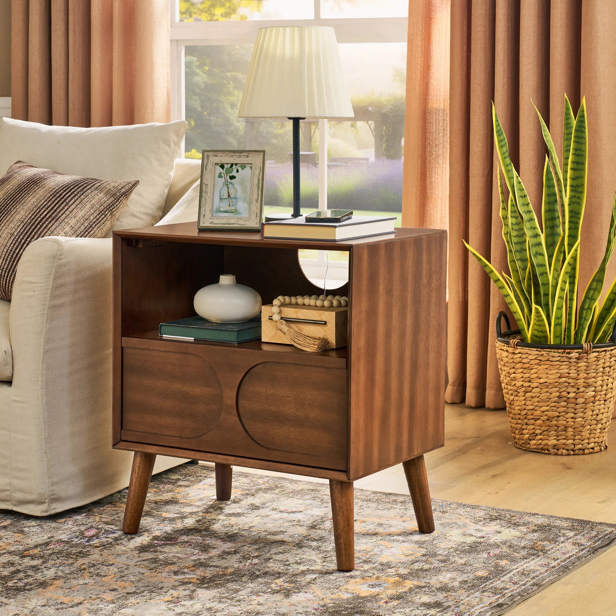 Mid-Century Modern Walnut Nightstand with Charging Station