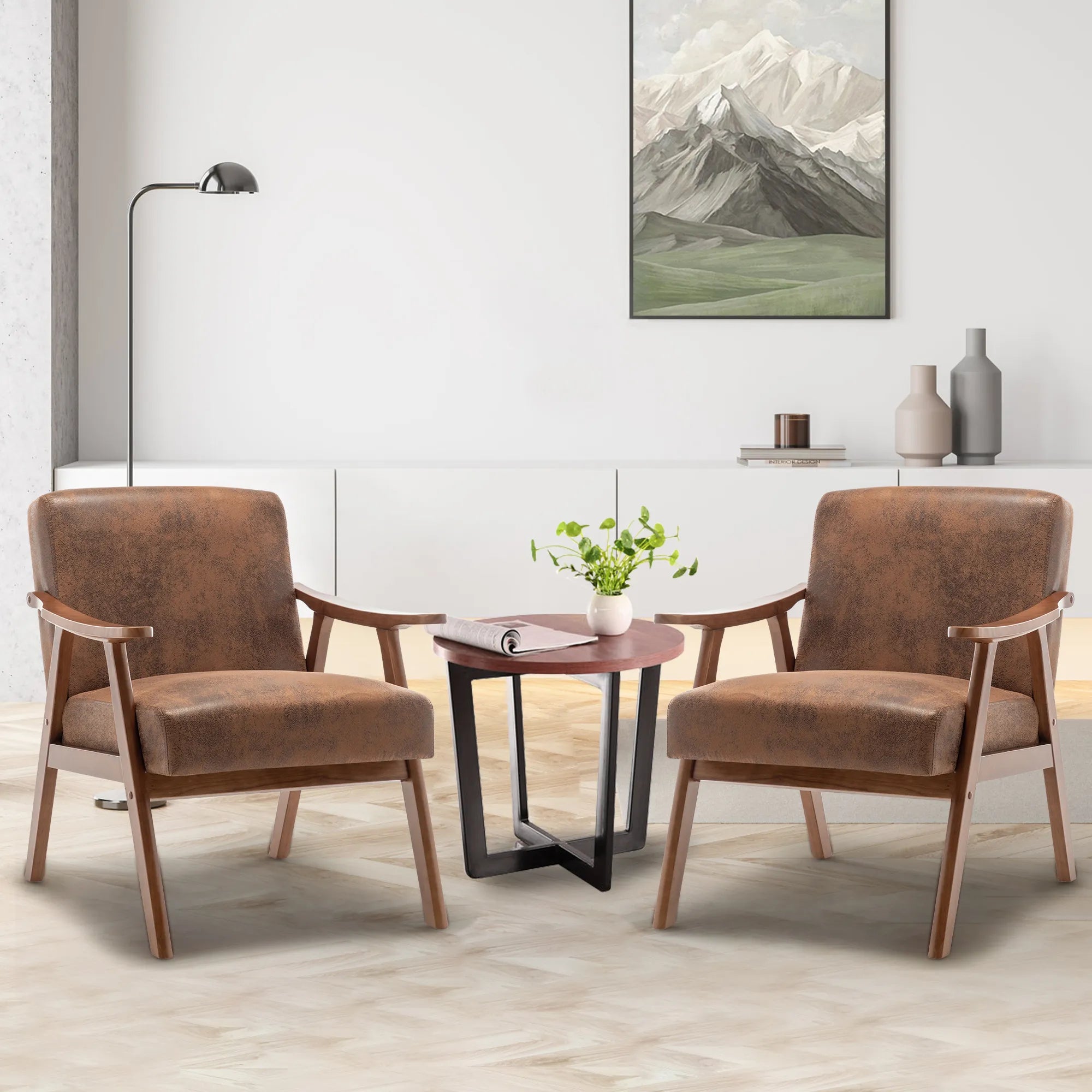 Mid-Century Modern Accent Chair, Fabric Armchair with Solid Wood Frame