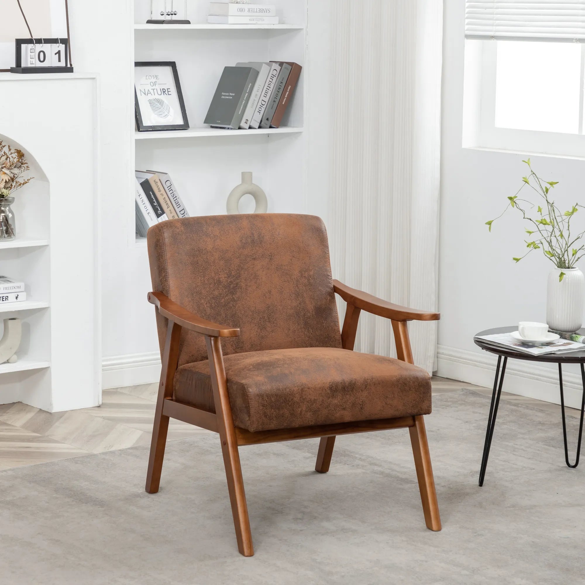 Mid-Century Modern Accent Chair, Fabric Armchair with Solid Wood Frame