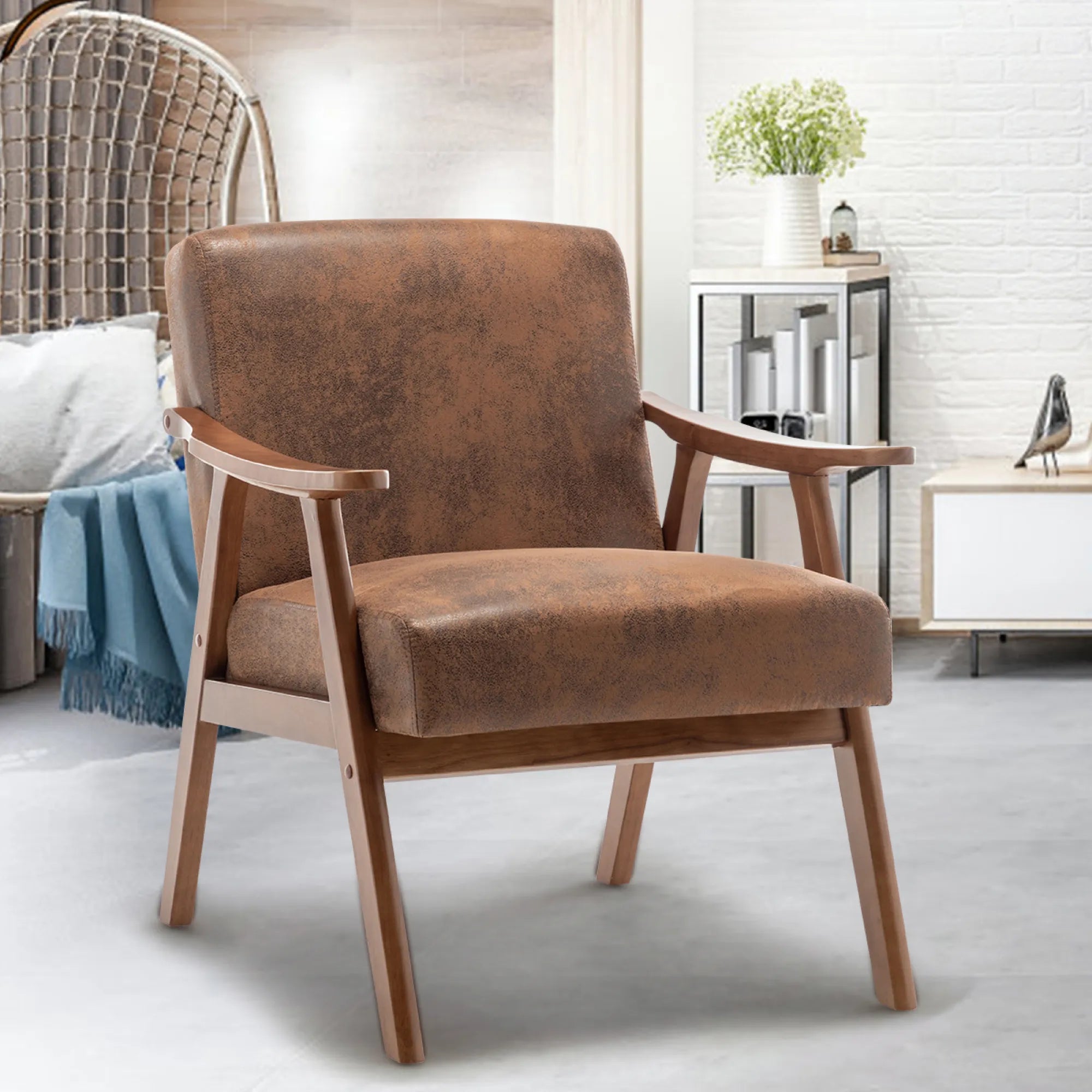 Mid-Century Modern Accent Chair, Fabric Armchair with Solid Wood Frame