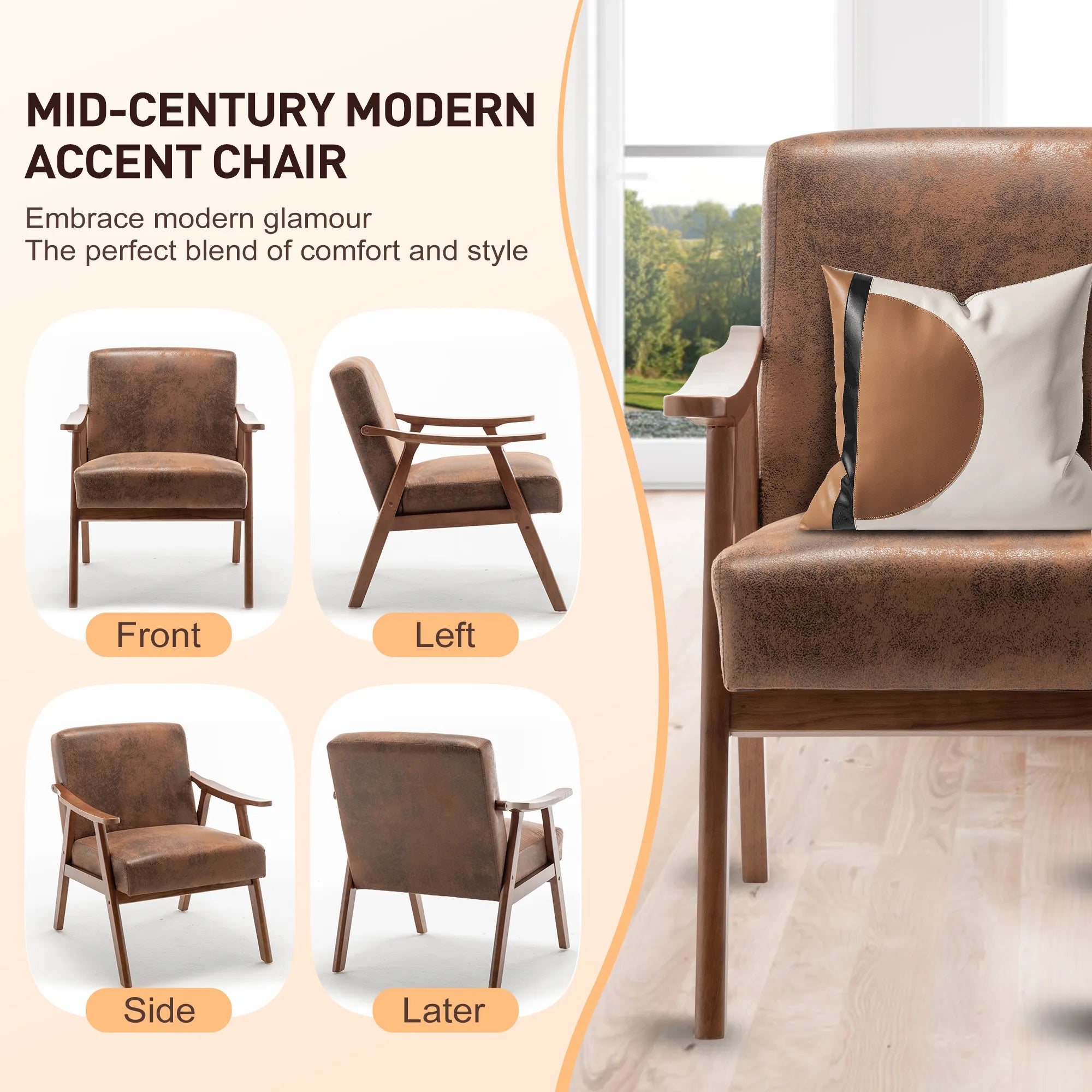 Mid-Century Modern Accent Chair, Fabric Armchair with Solid Wood Frame
