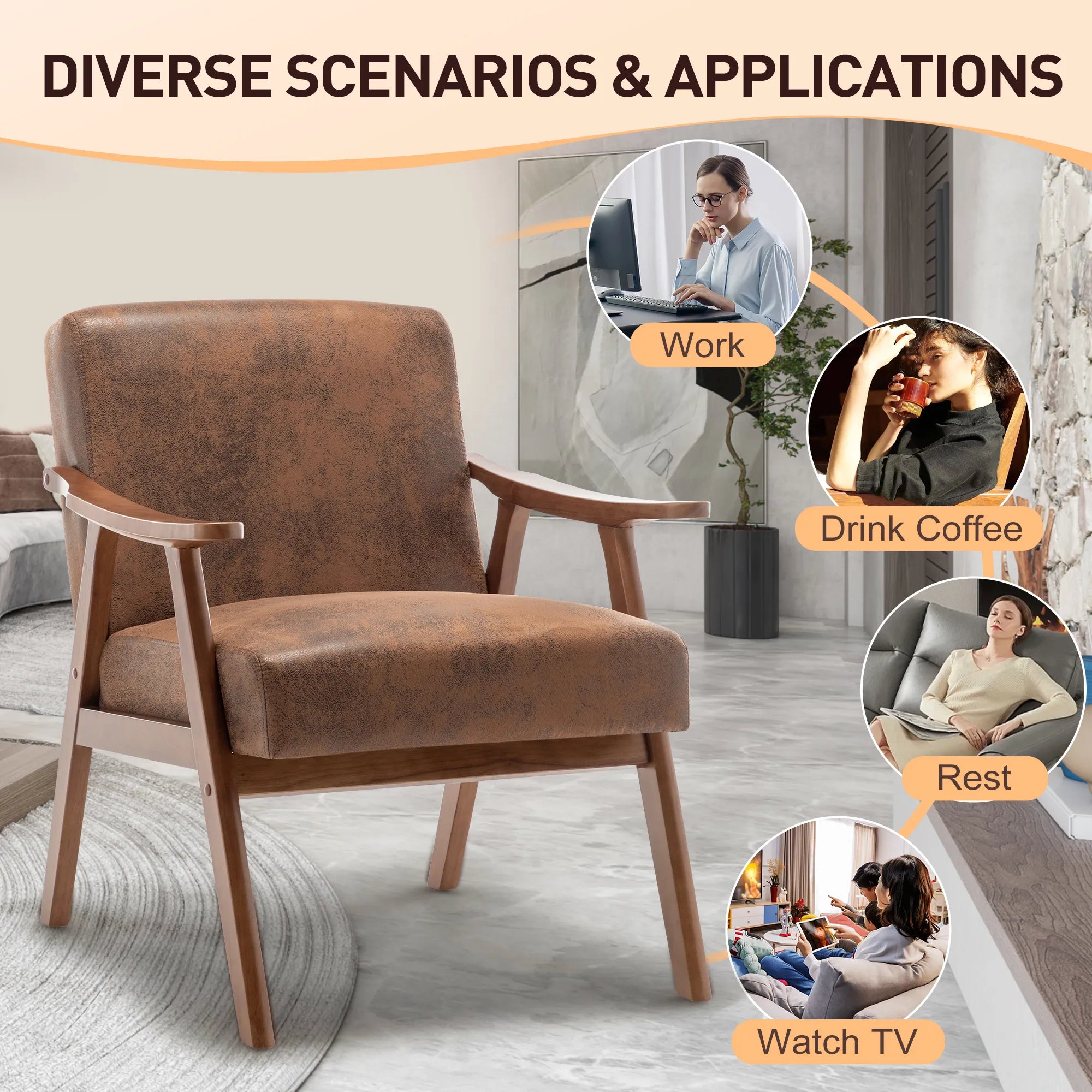 Mid-Century Modern Accent Chair, Fabric Armchair with Solid Wood Frame