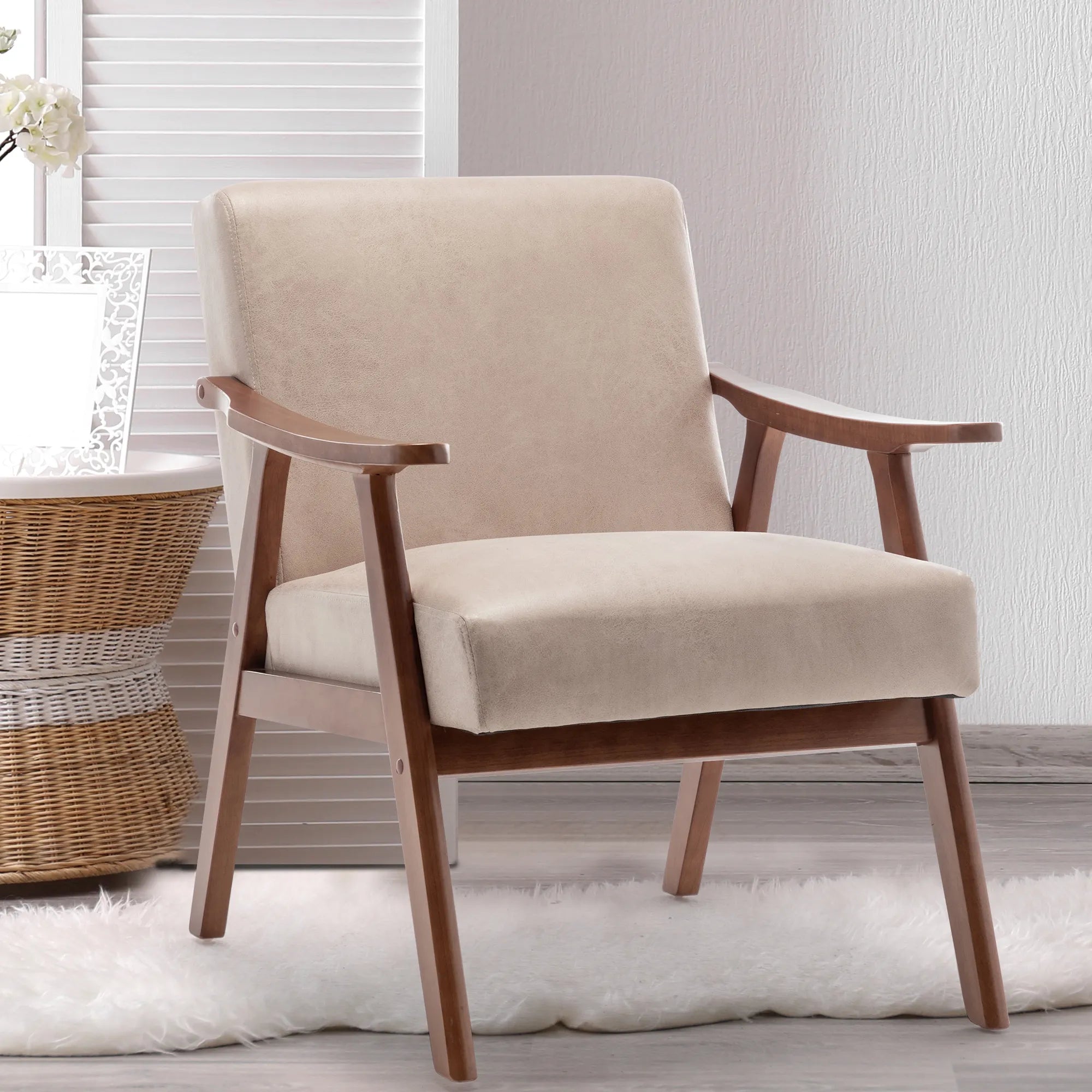Mid-Century Modern Accent Chair, Fabric Armchair with Solid Wood Frame