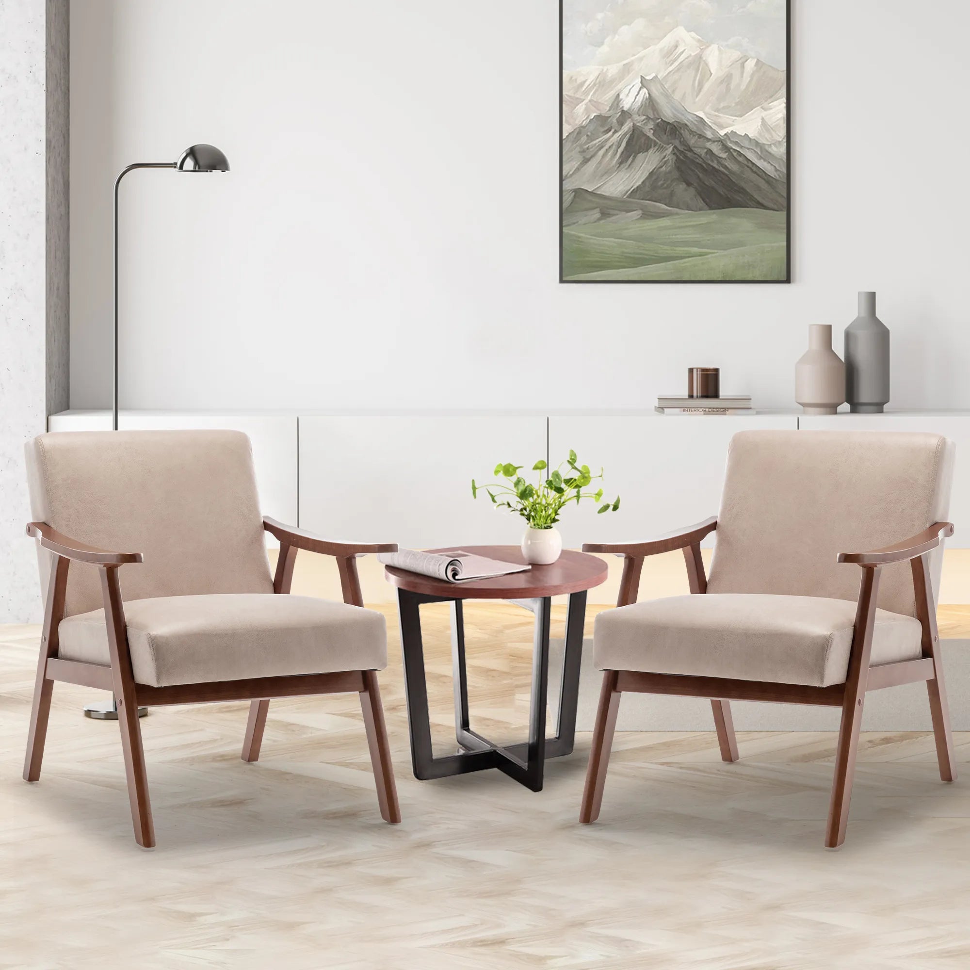 Mid-Century Modern Accent Chair, Fabric Armchair with Solid Wood Frame
