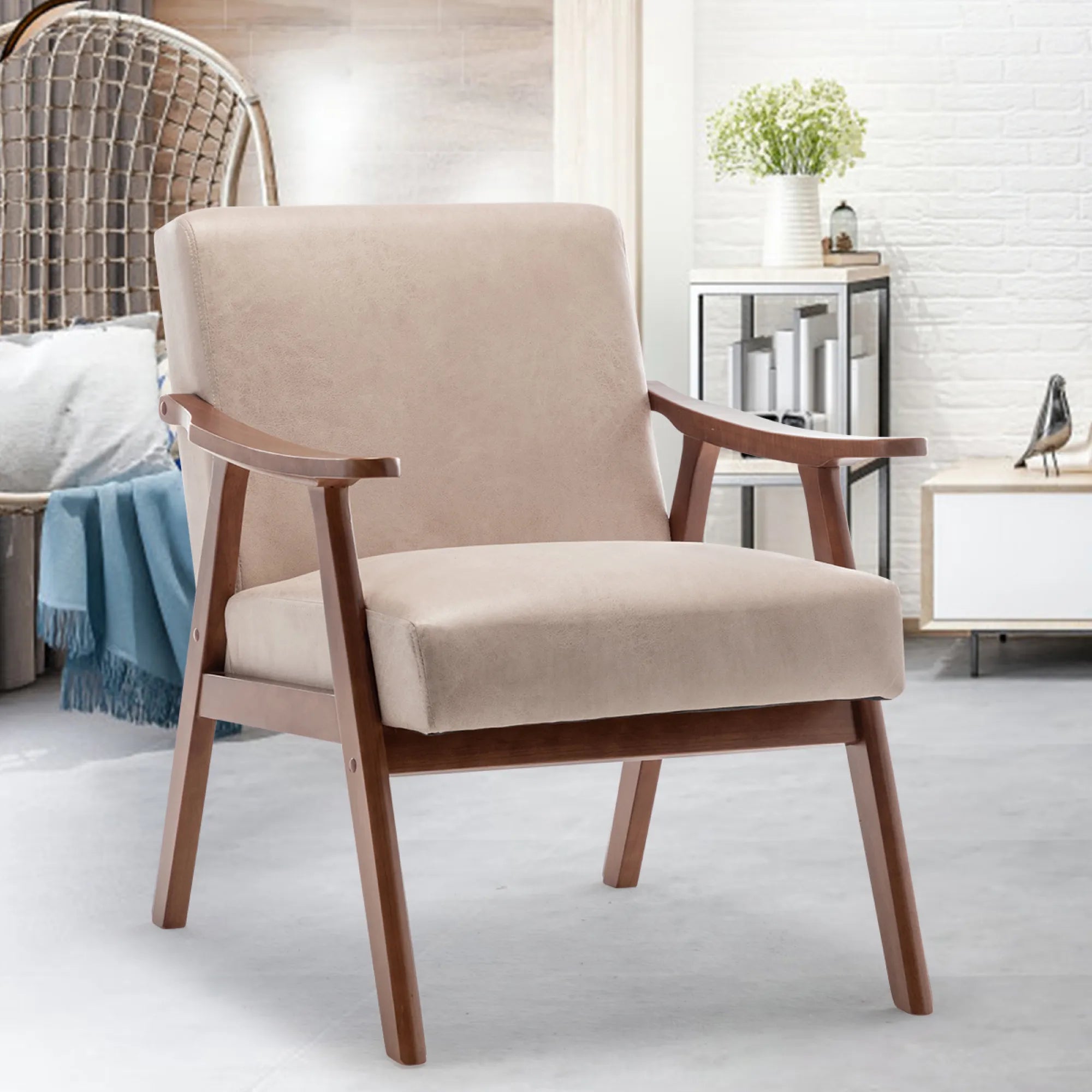 Mid-Century Modern Accent Chair, Fabric Armchair with Solid Wood Frame