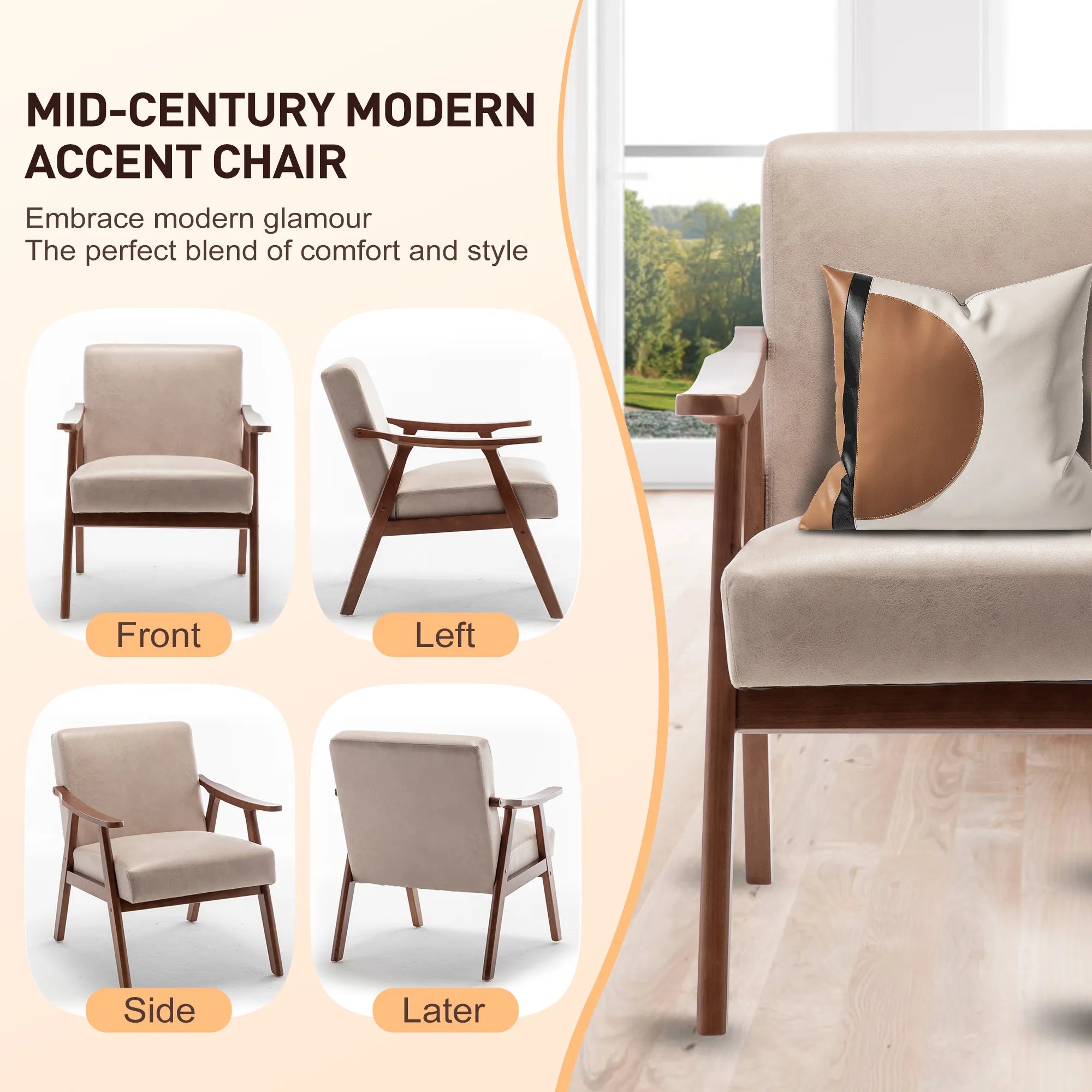 Mid-Century Modern Accent Chair, Fabric Armchair with Solid Wood Frame