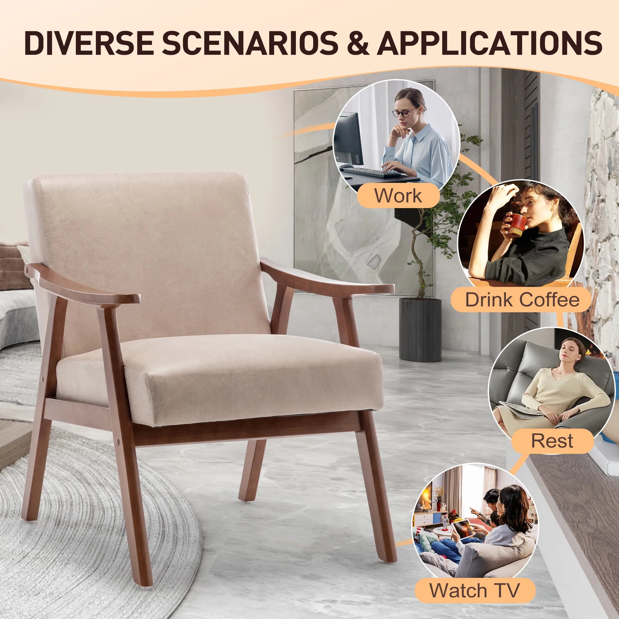 Mid-Century Modern Accent Chair, Fabric Armchair with Solid Wood Frame
